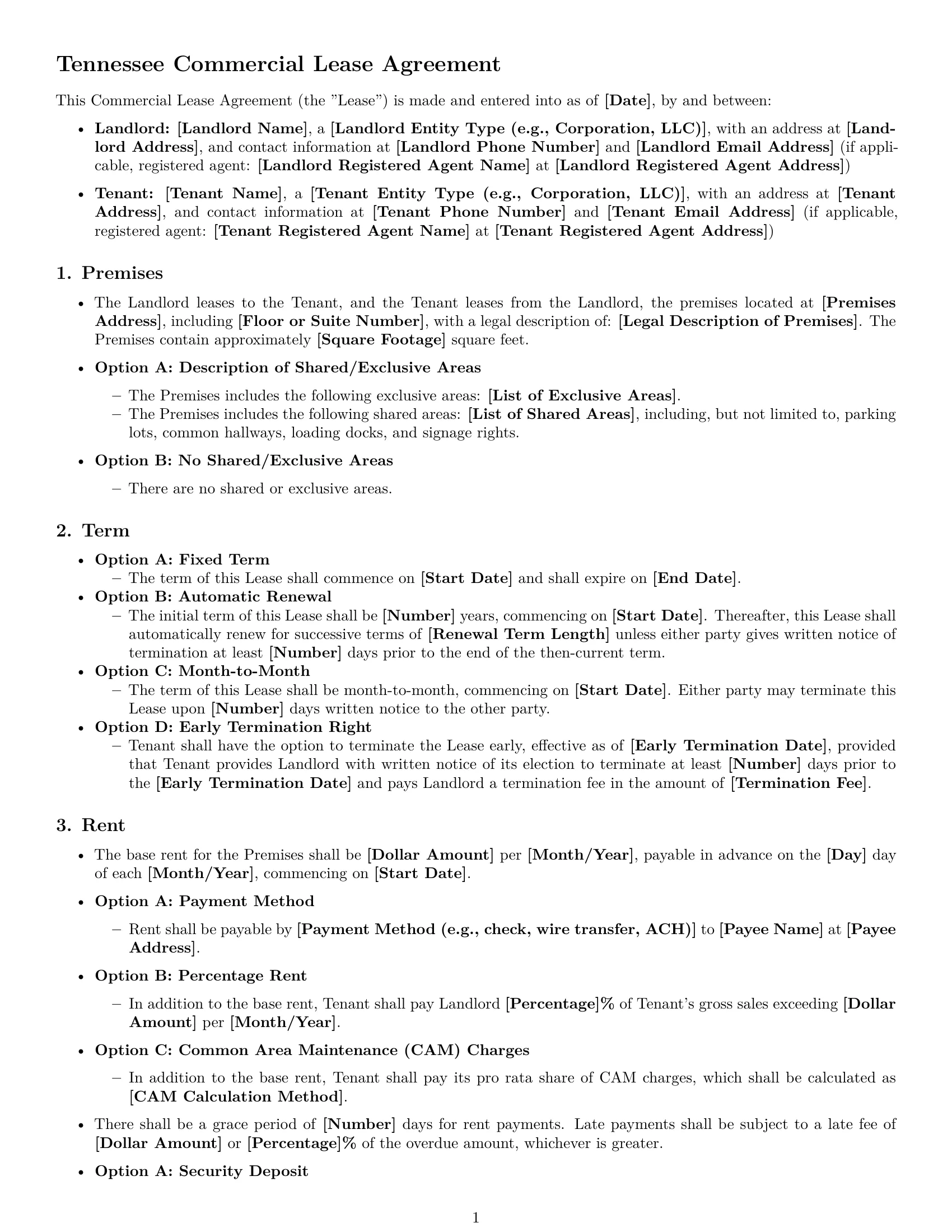 Preview page 1 of Free Tennessee commercial lease agreement template