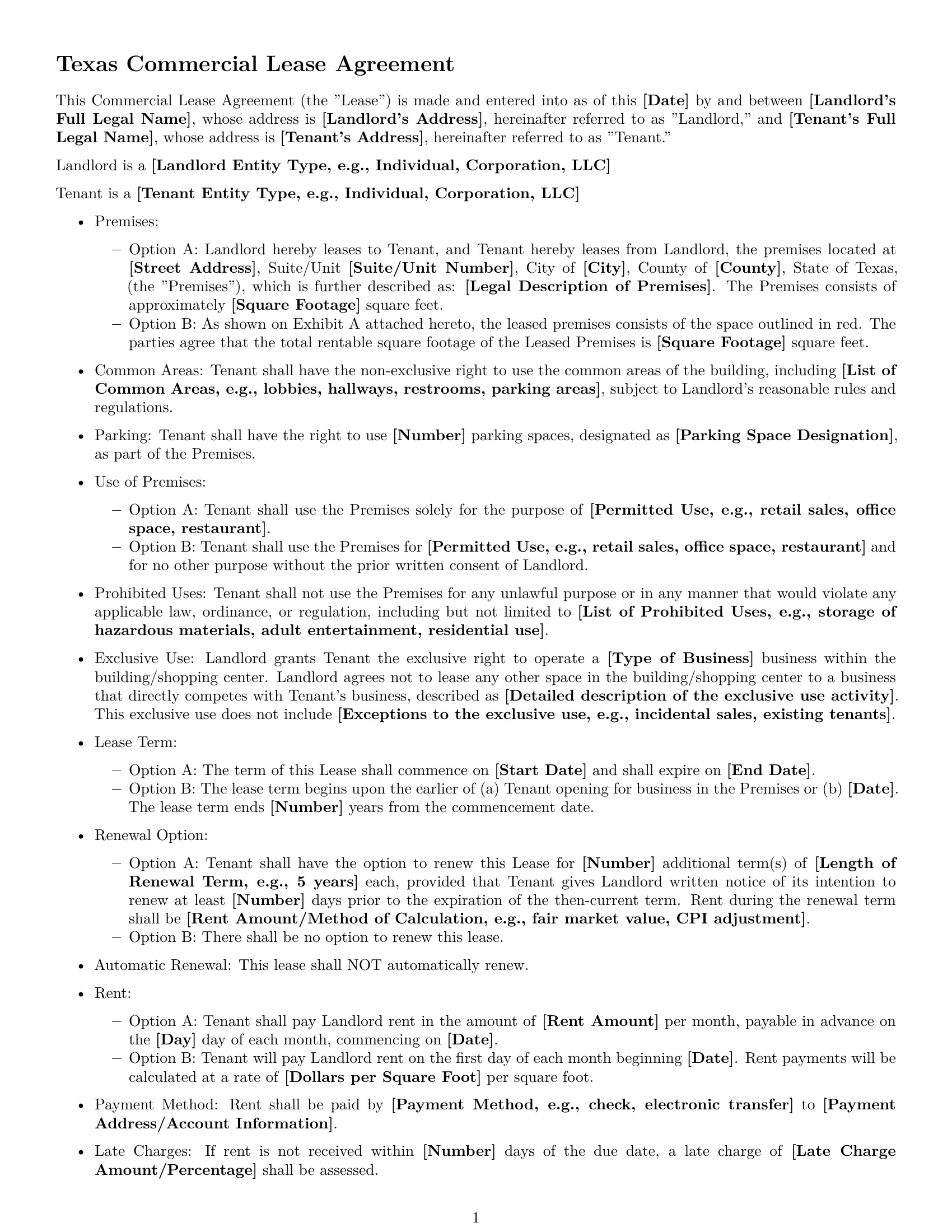 Preview page 1 of Free Texas commercial lease agreement template