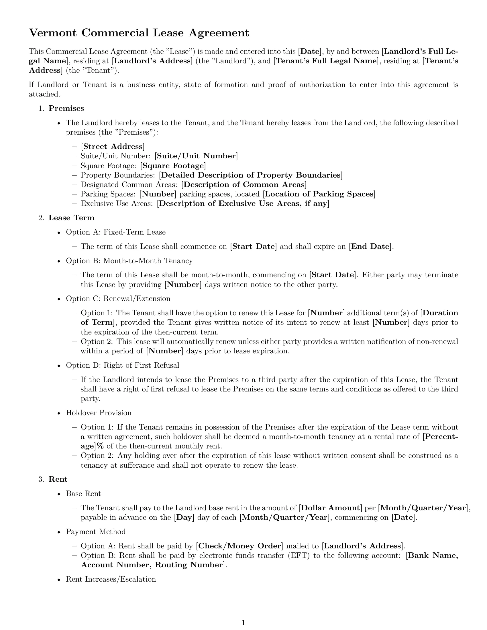 Preview page 1 of Free Vermont commercial lease agreement template