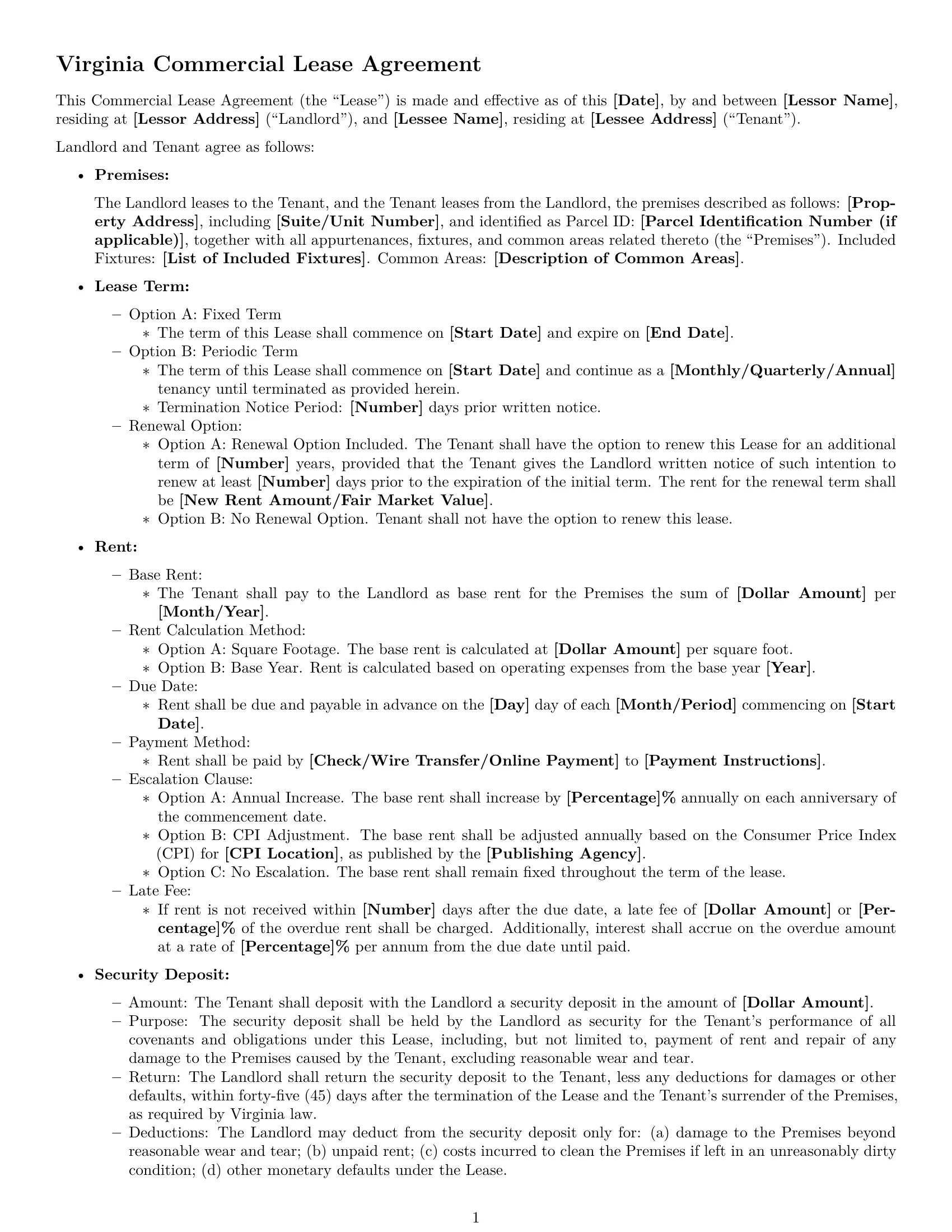Preview page 1 of Free Virginia commercial lease agreement template