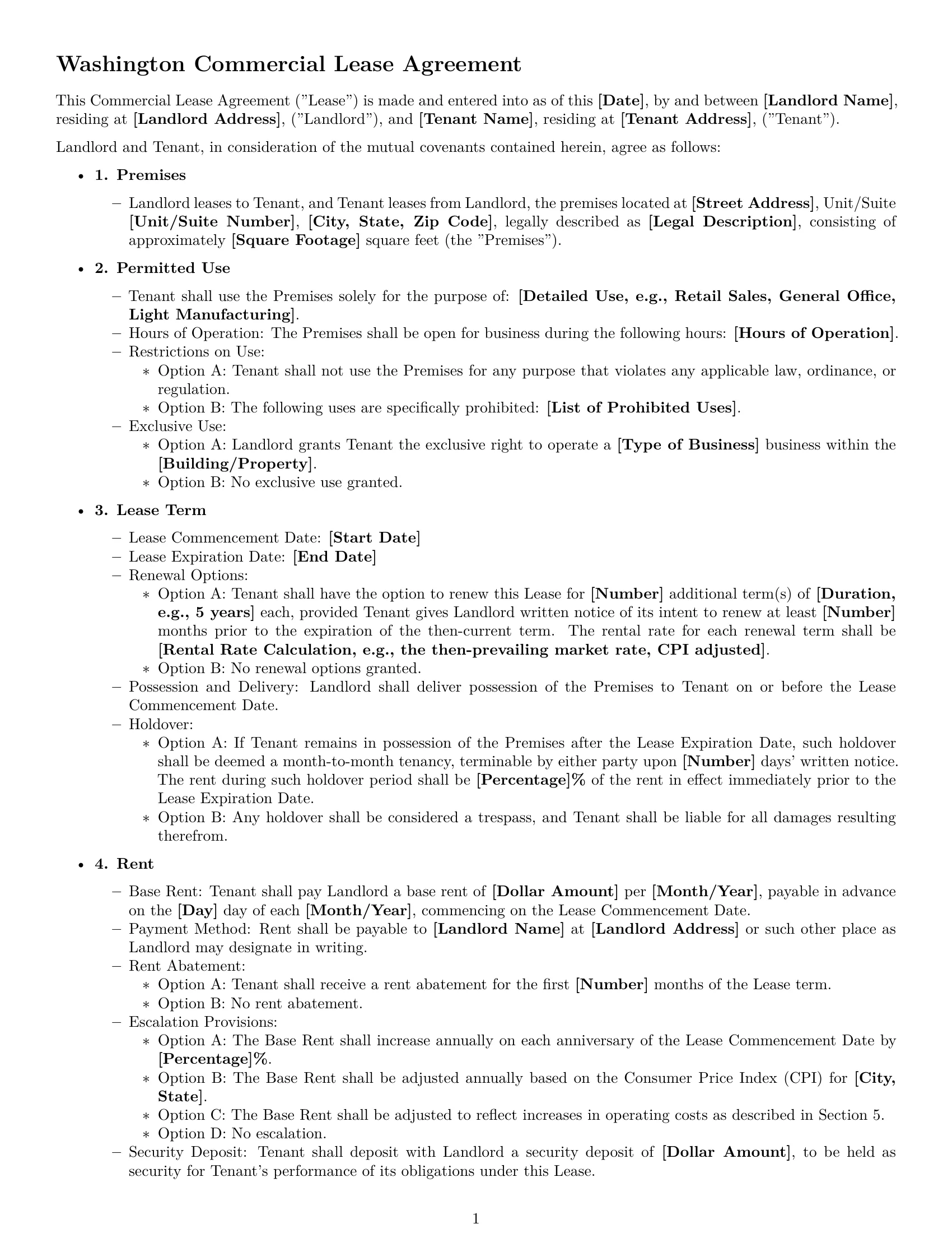 Preview page 1 of Free Washington commercial lease agreement template