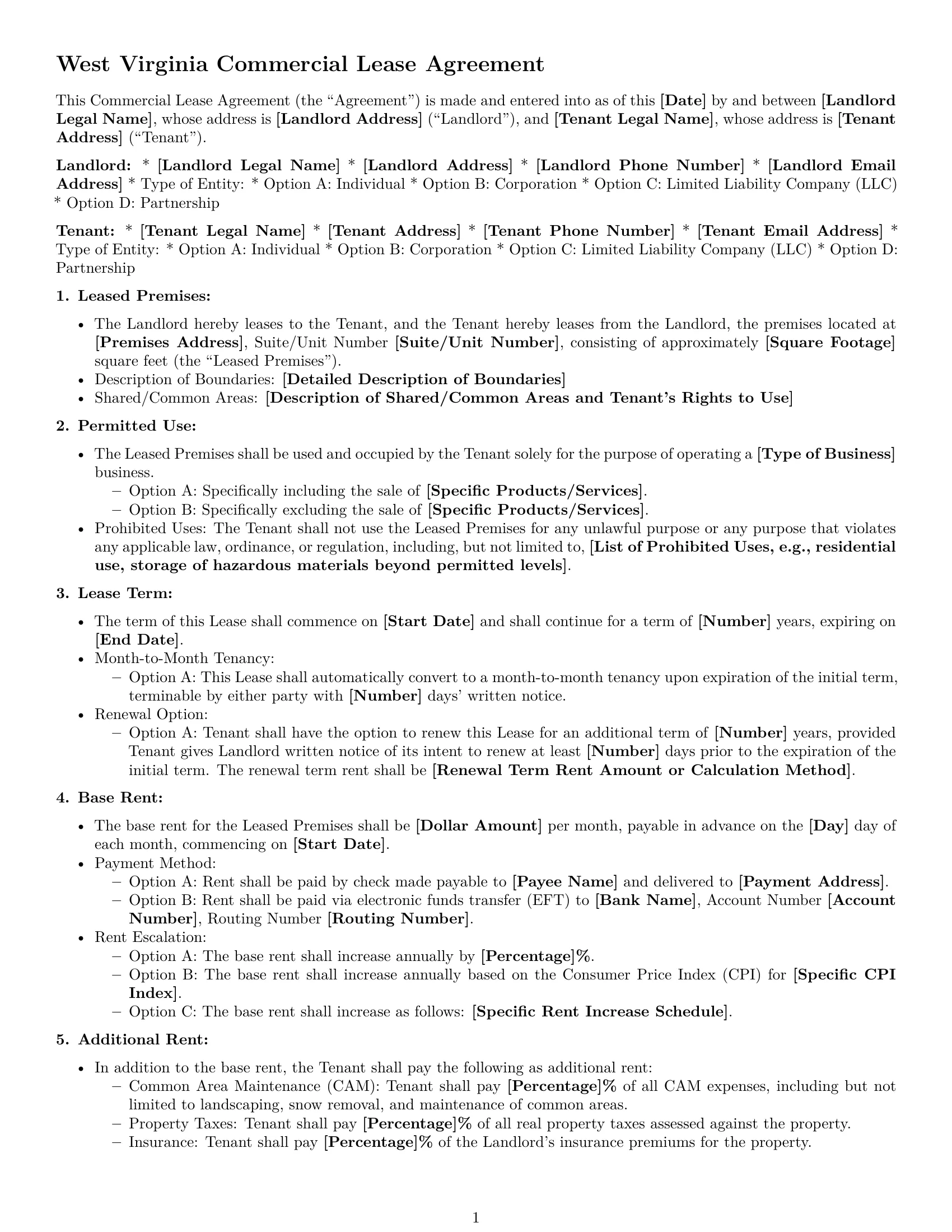 Preview page 1 of Free West Virginia commercial lease agreement template