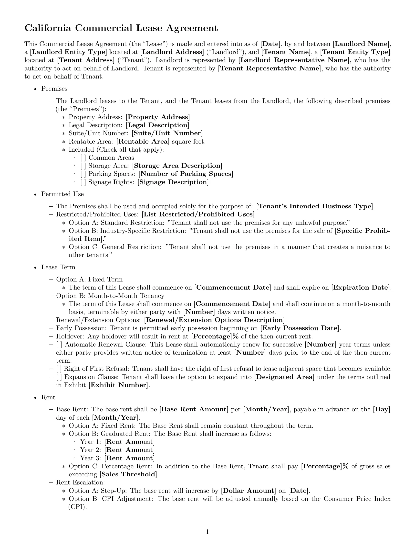 Preview page 1 of Free California commercial lease agreement template