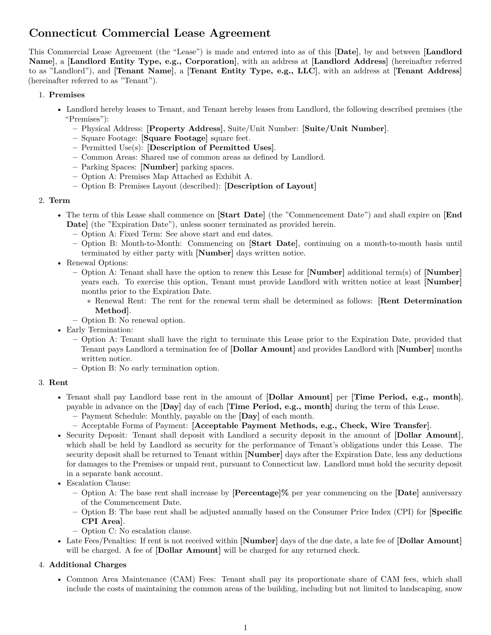 Preview page 1 of Free Connecticut commercial lease agreement template