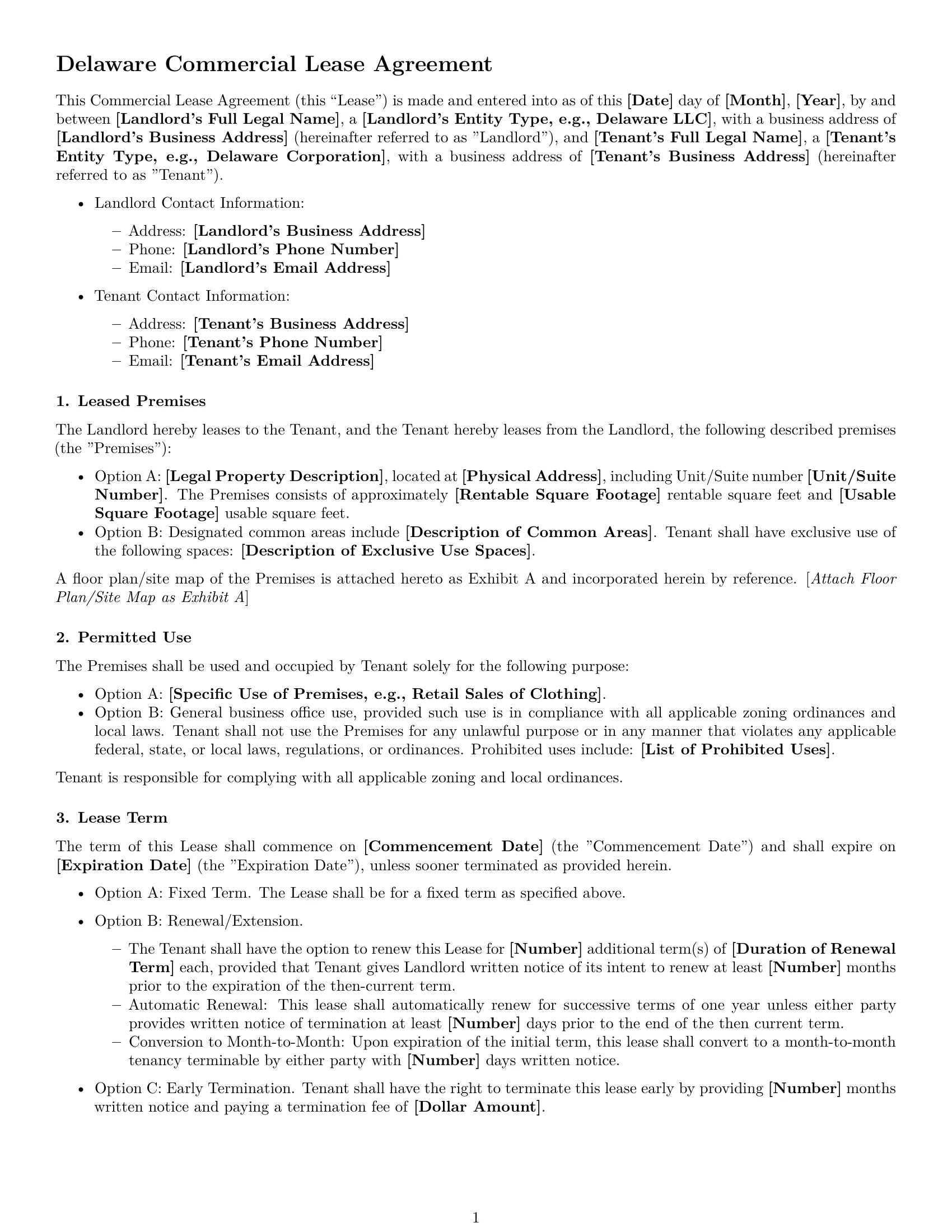 Preview page 1 of Free Delaware commercial lease agreement template