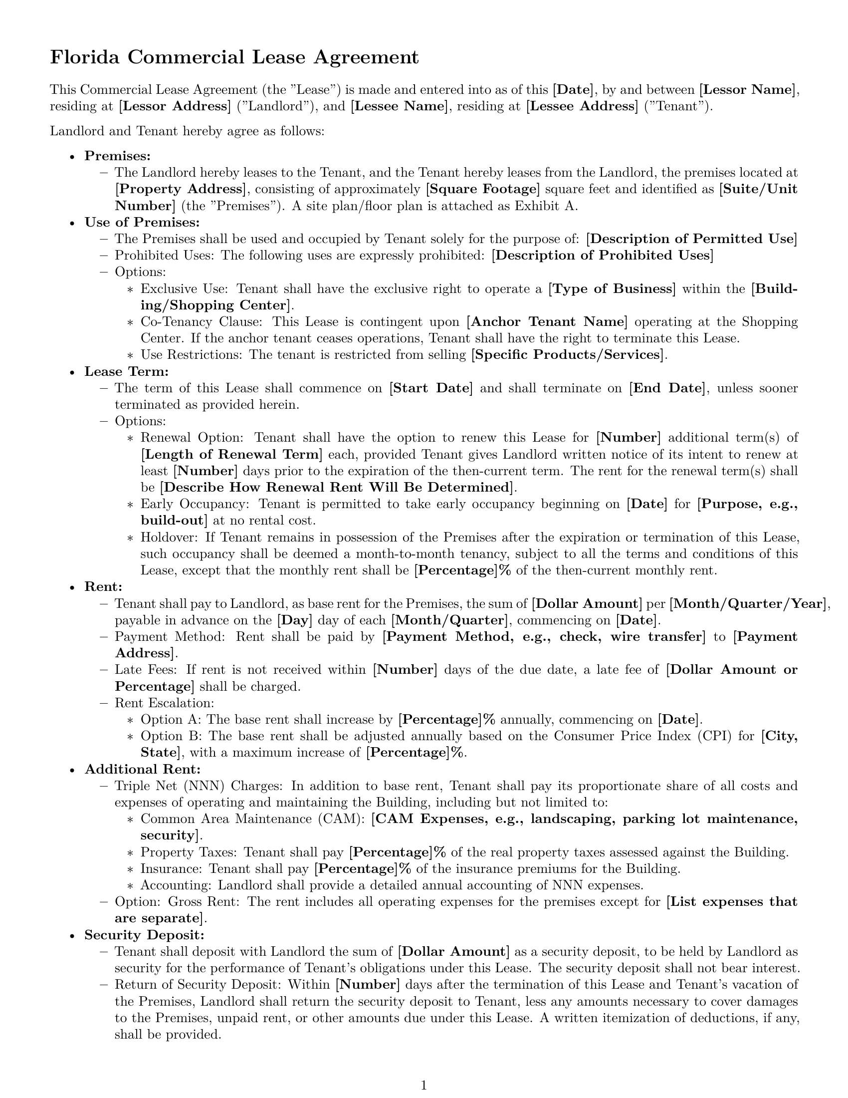 Preview page 1 of Free Florida commercial lease agreement template