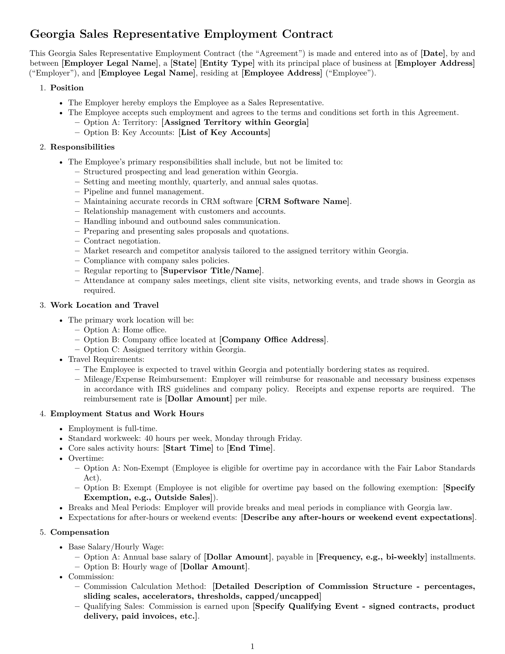 Preview page 1 of Free Georgia sales representative employment contract template