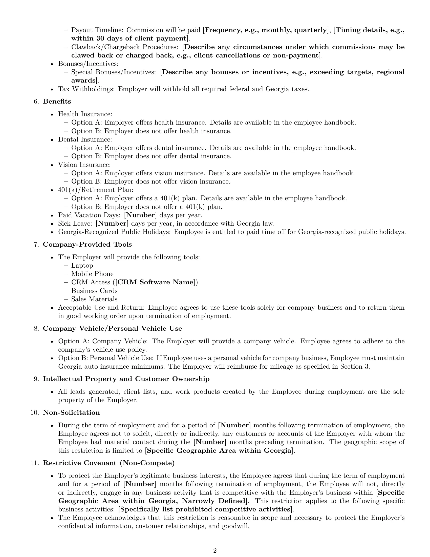 Preview page 2 of Free Georgia sales representative employment contract template
