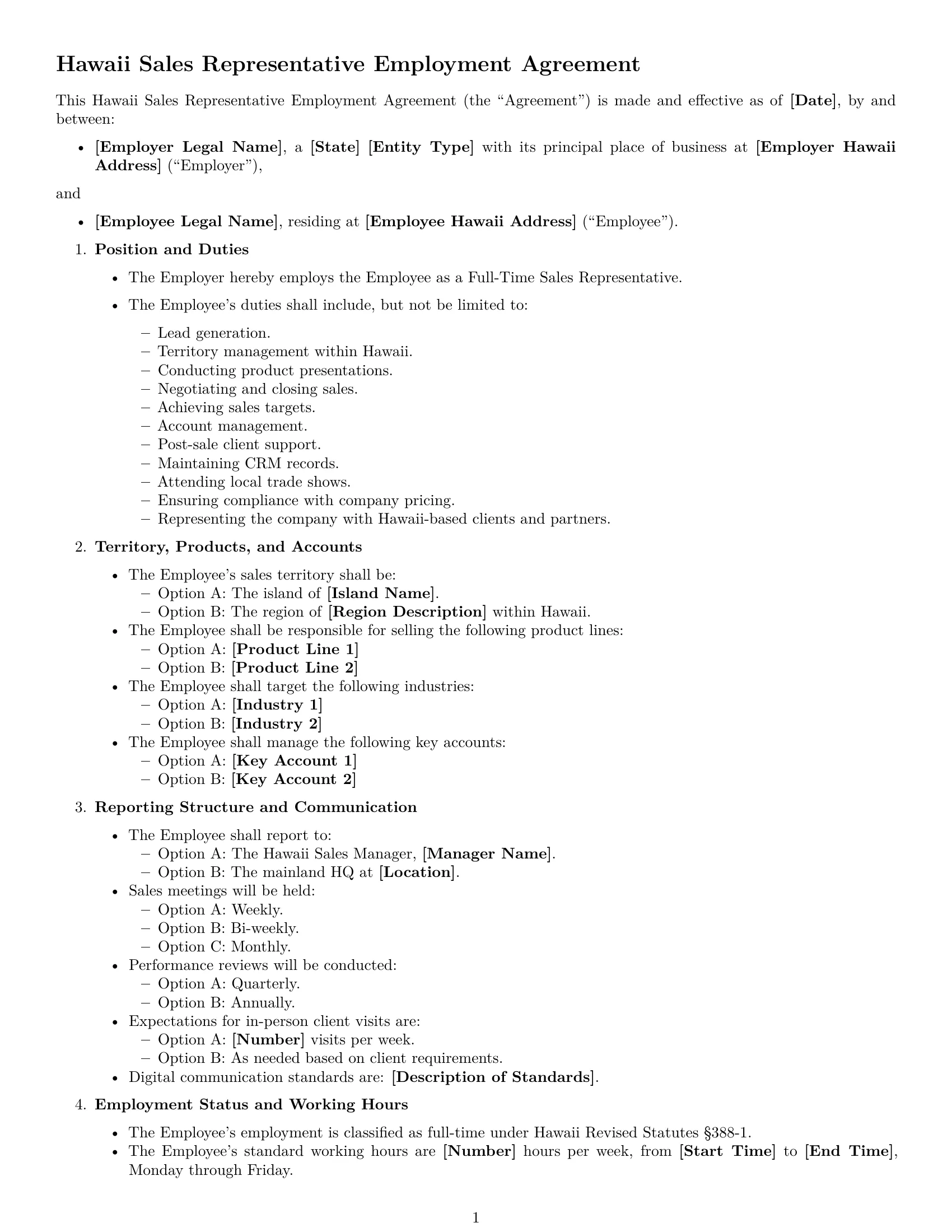 Preview page 1 of Free Hawaii sales representative employment contract template