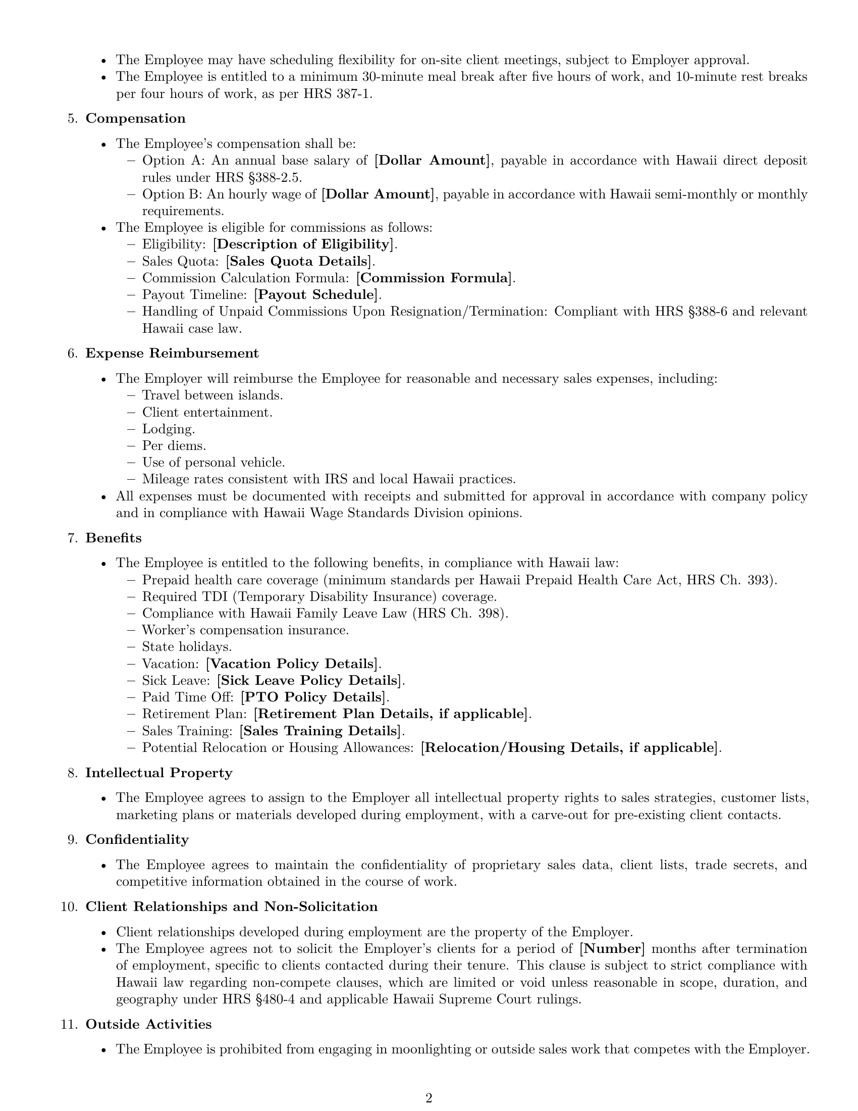 Preview page 2 of Free Hawaii sales representative employment contract template