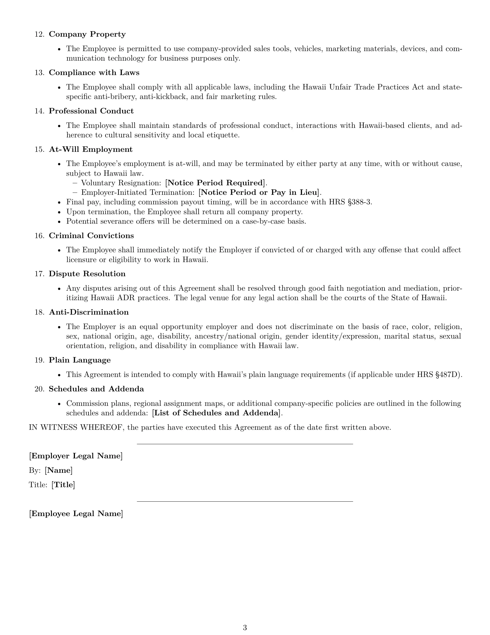 Preview page 3 of Free Hawaii sales representative employment contract template