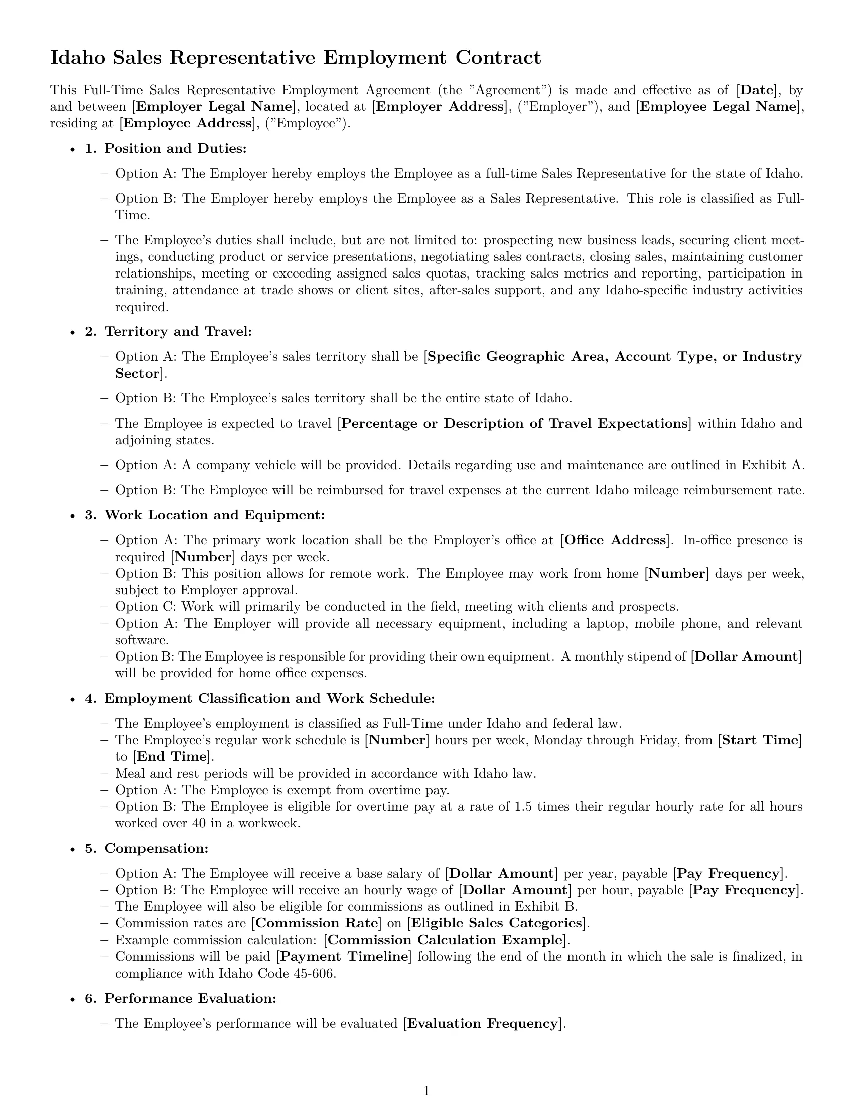 Preview page 1 of Free Idaho sales representative employment contract template