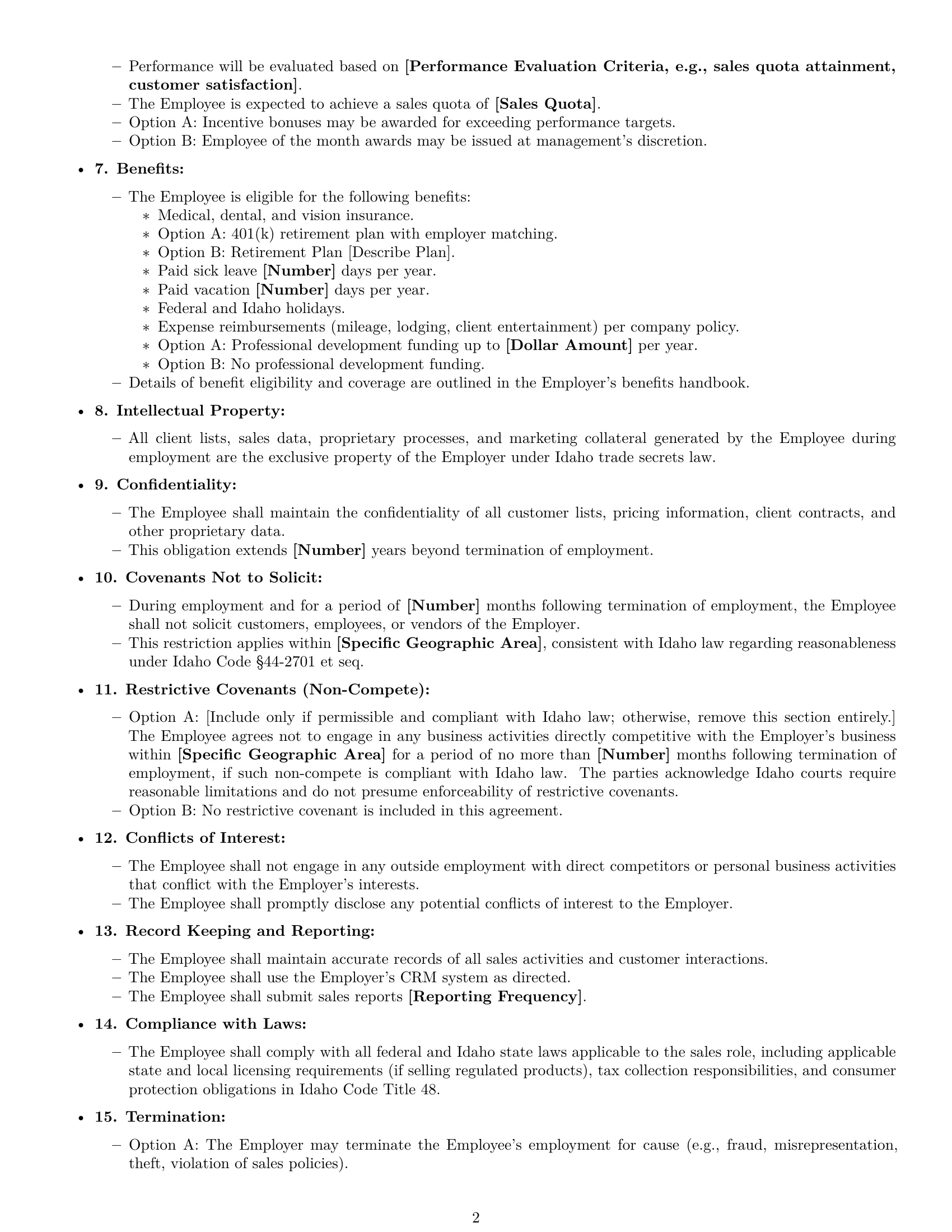 Preview page 2 of Free Idaho sales representative employment contract template