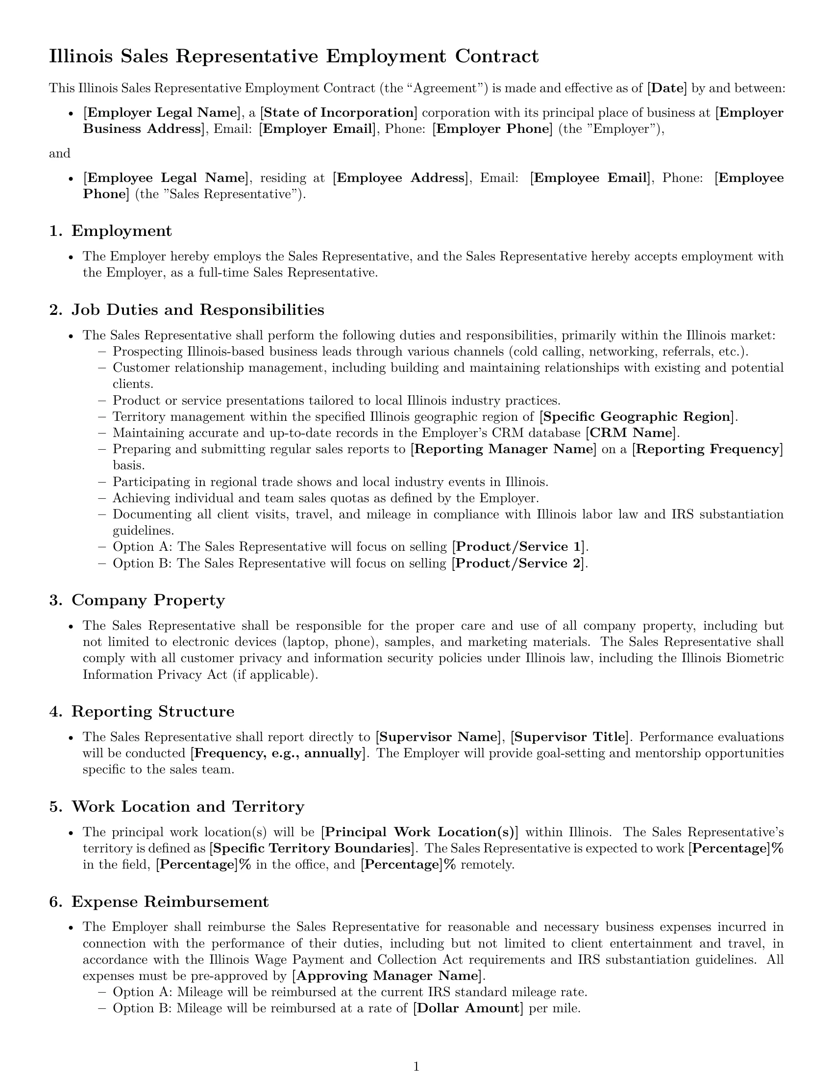 Preview page 1 of Free Illinois sales representative employment contract template