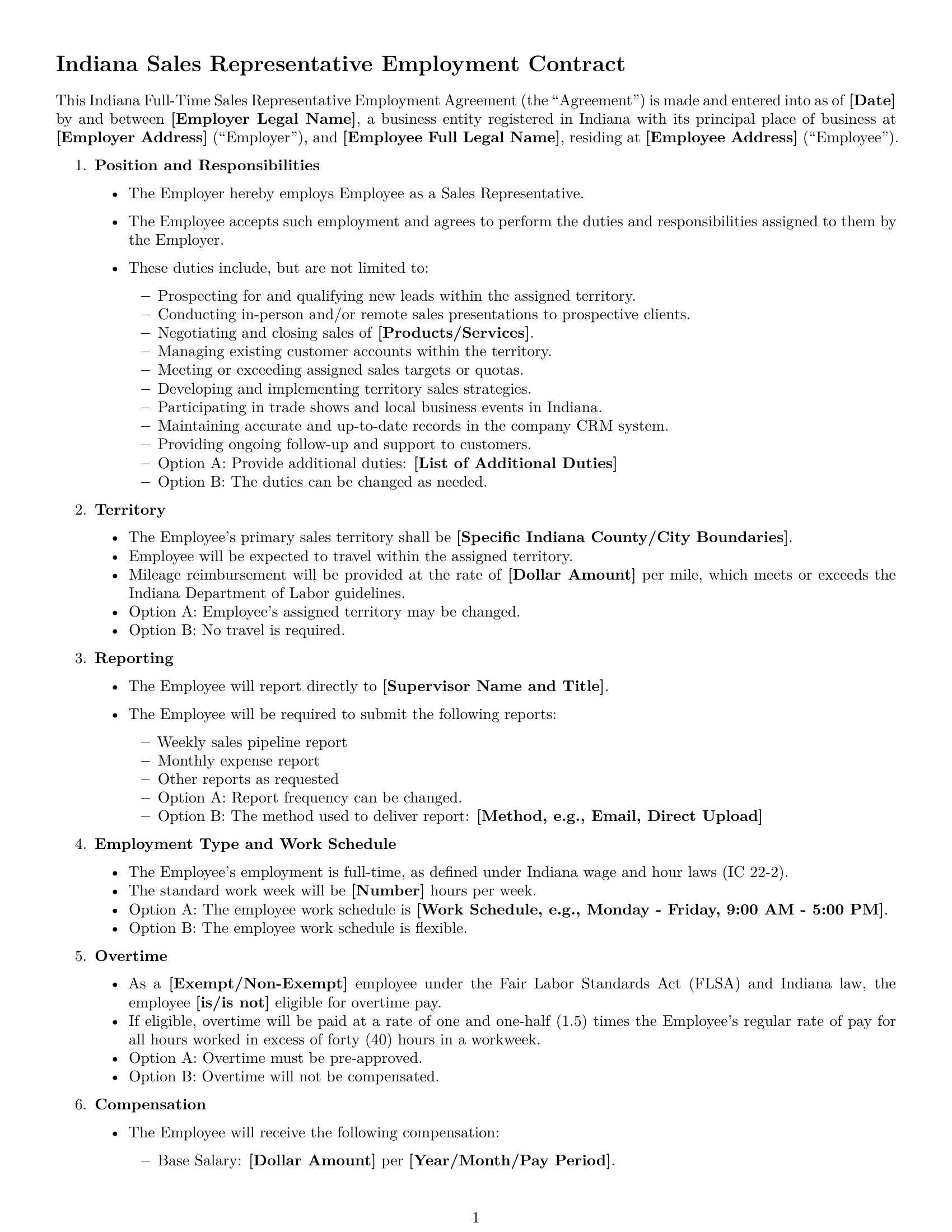 Preview page 1 of Free Indiana sales representative employment contract template