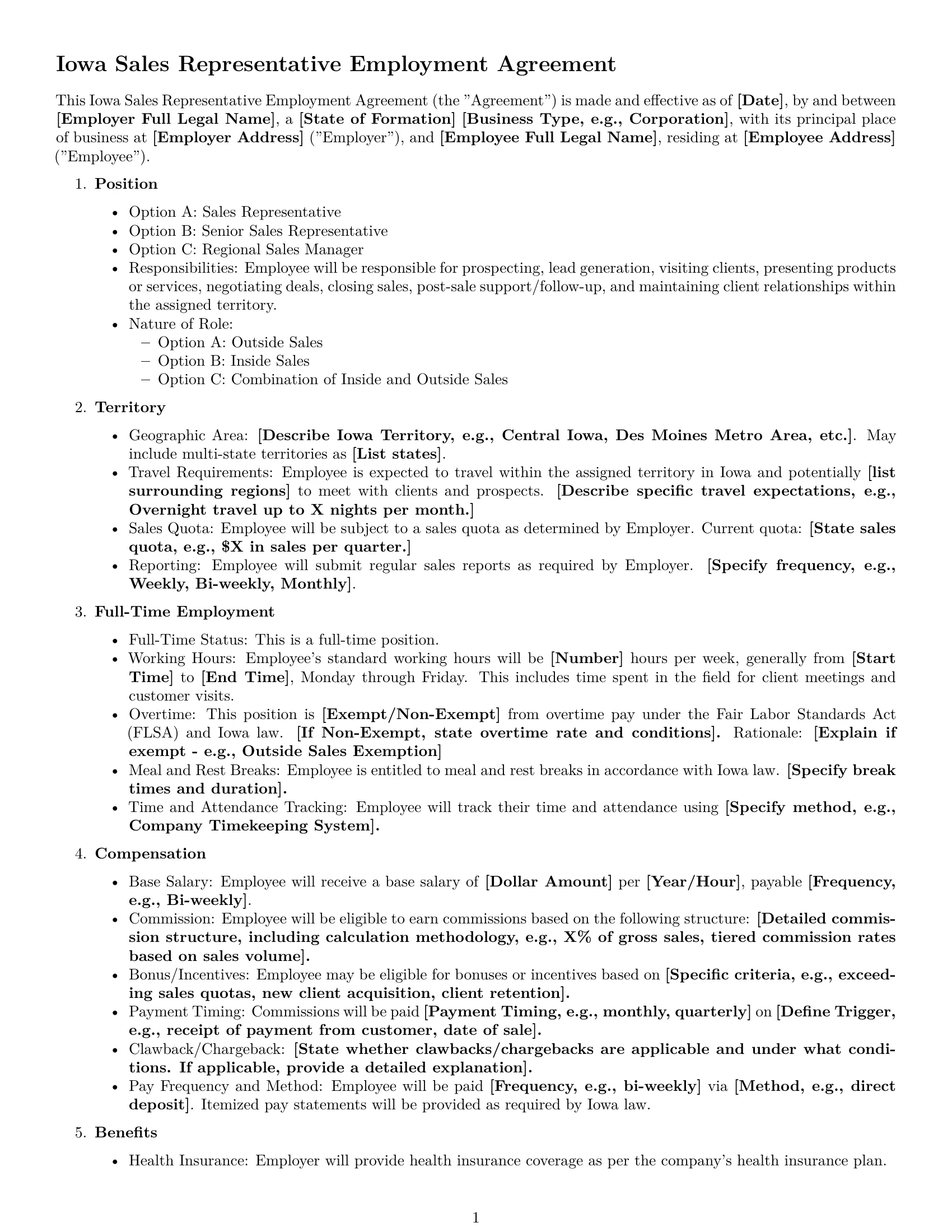 Preview page 1 of Free Iowa sales representative employment contract template