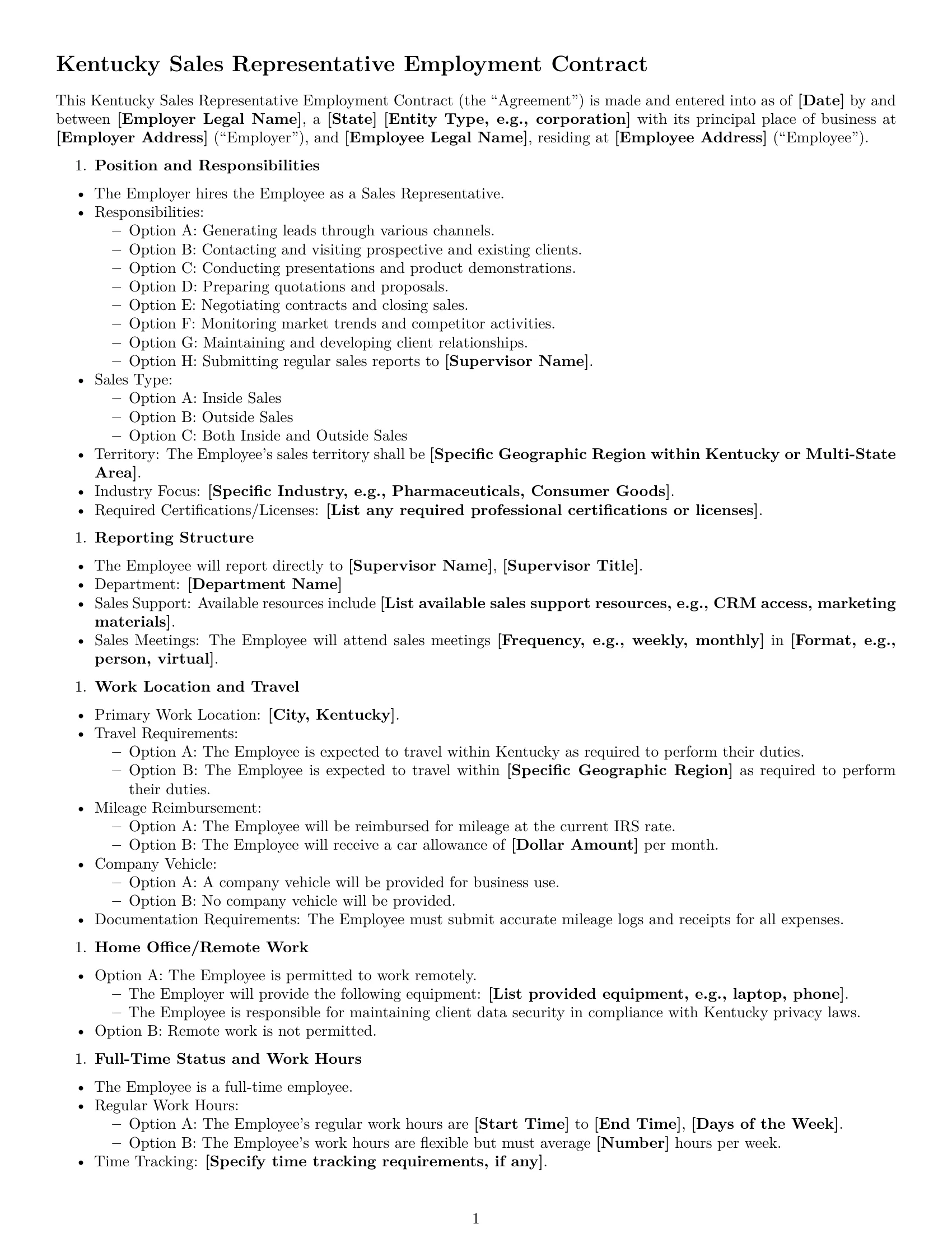 Preview page 1 of Free Kentucky sales representative employment contract template