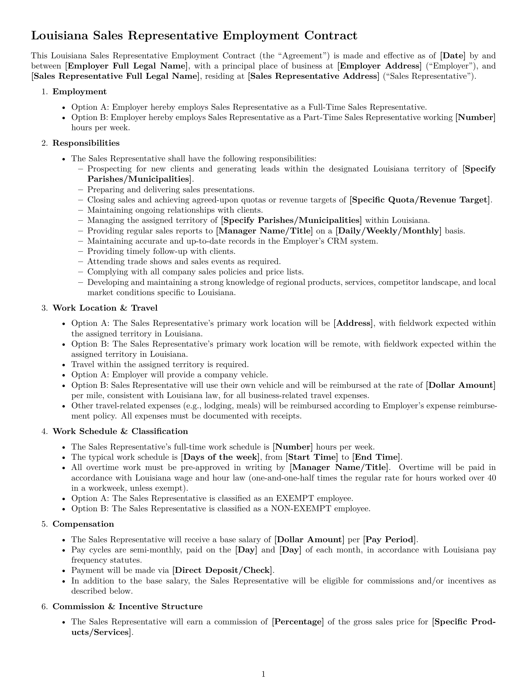 Preview page 1 of Free Louisiana sales representative employment contract template