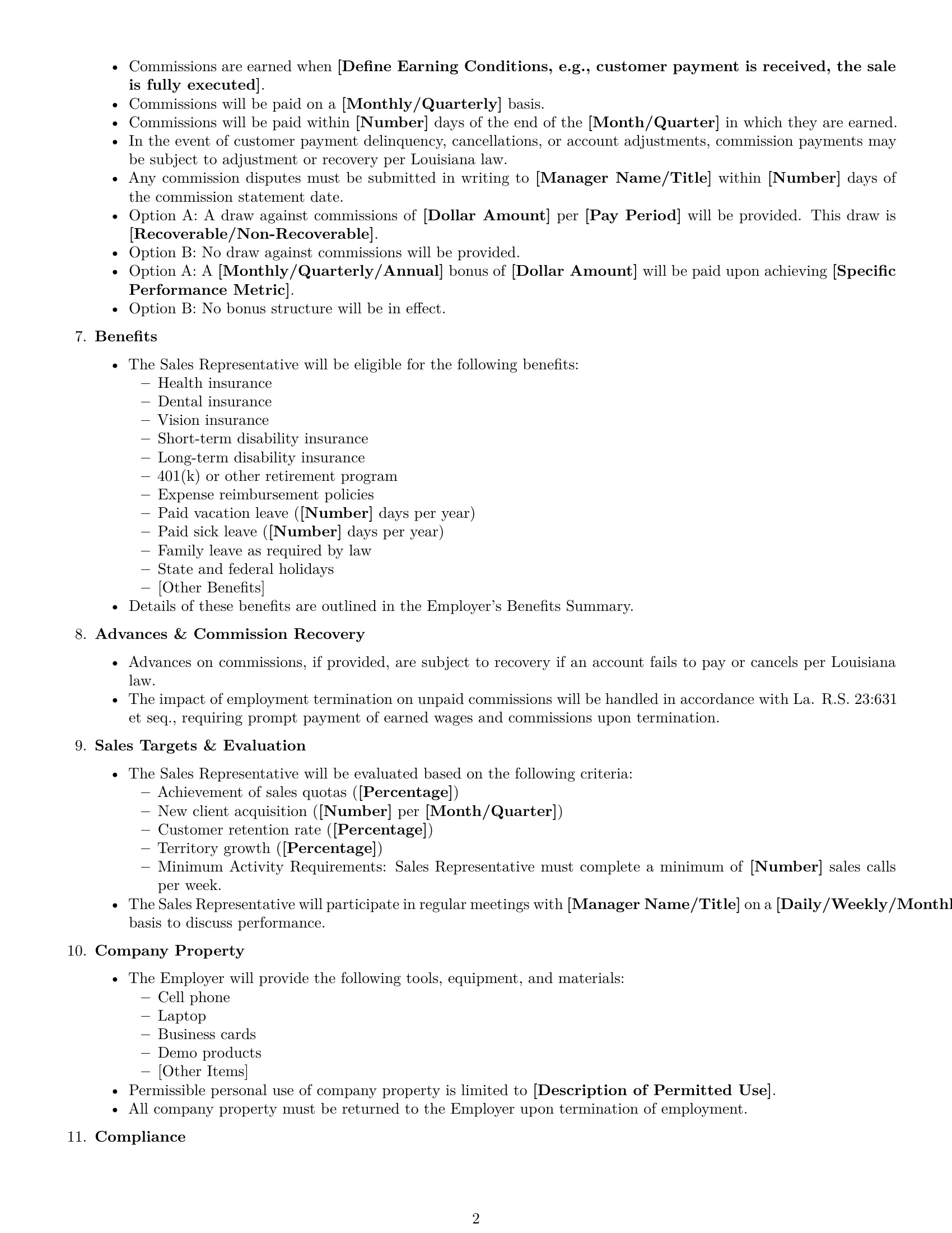 Preview page 2 of Free Louisiana sales representative employment contract template