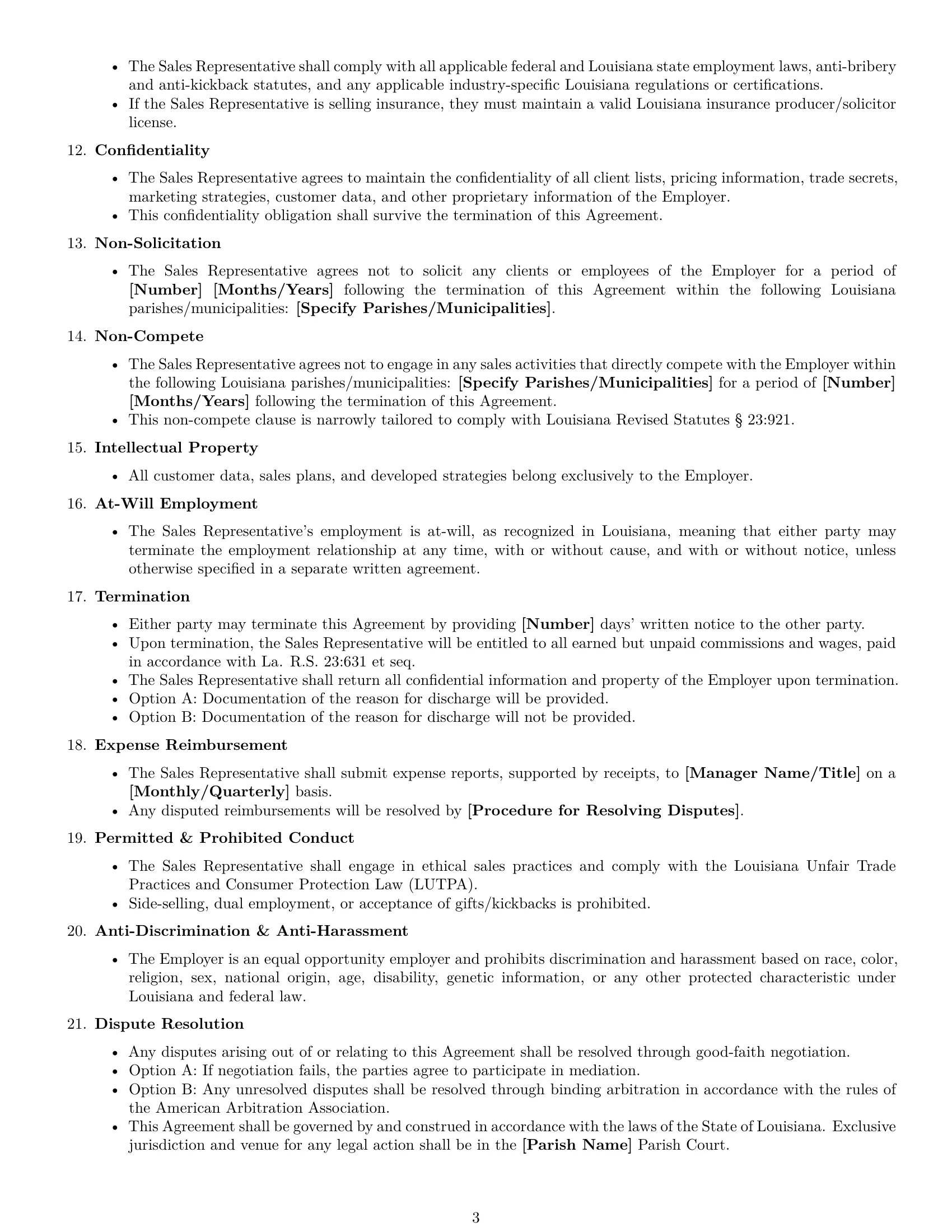 Preview page 3 of Free Louisiana sales representative employment contract template