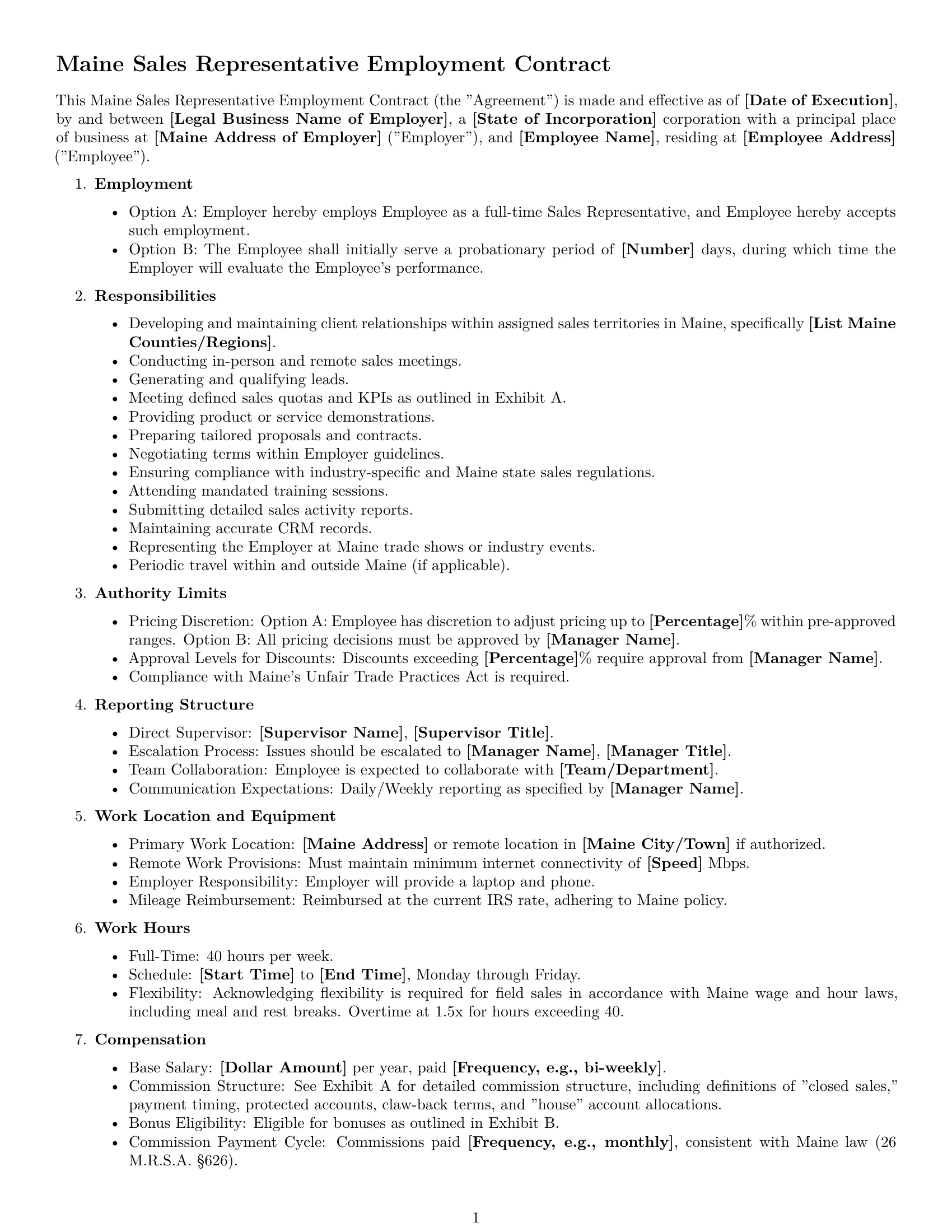 Preview page 1 of Free Maine sales representative employment contract template