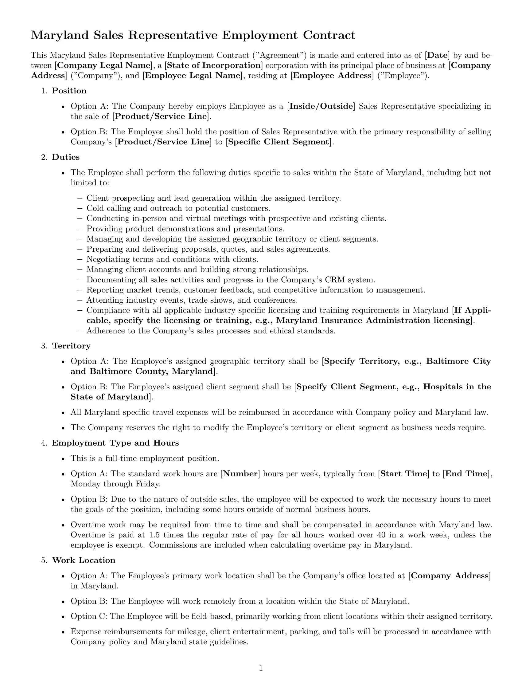Preview page 1 of Free Maryland sales representative employment contract template