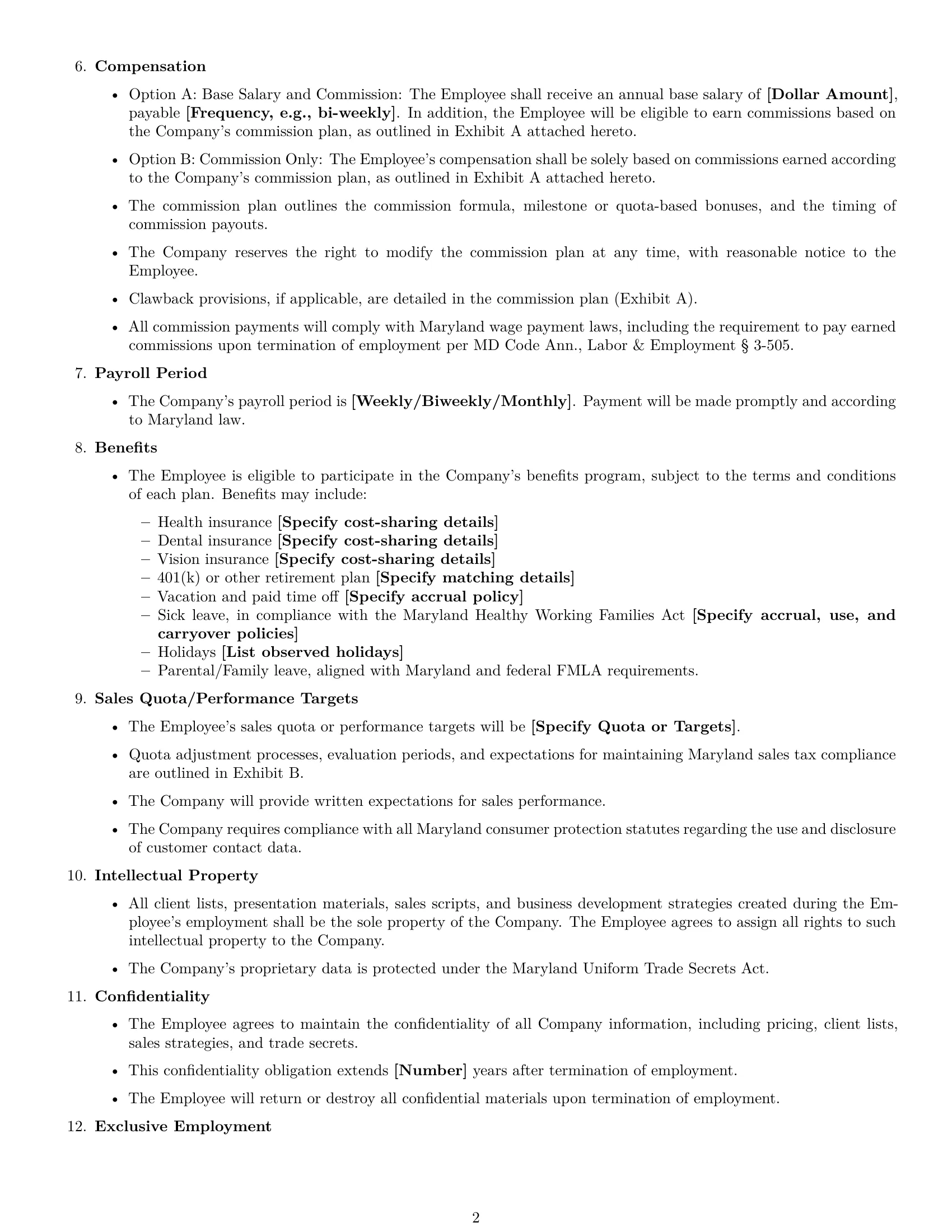 Preview page 2 of Free Maryland sales representative employment contract template