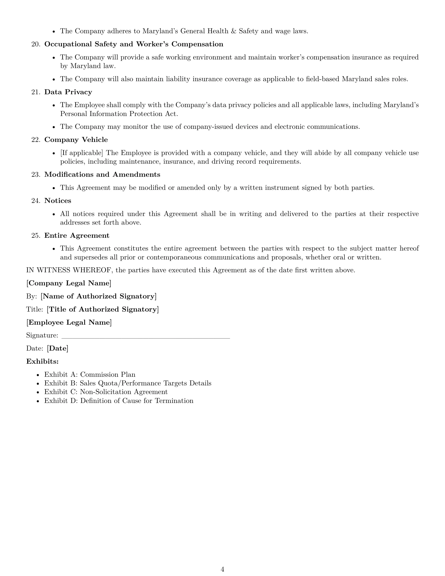 Preview page 4 of Free Maryland sales representative employment contract template