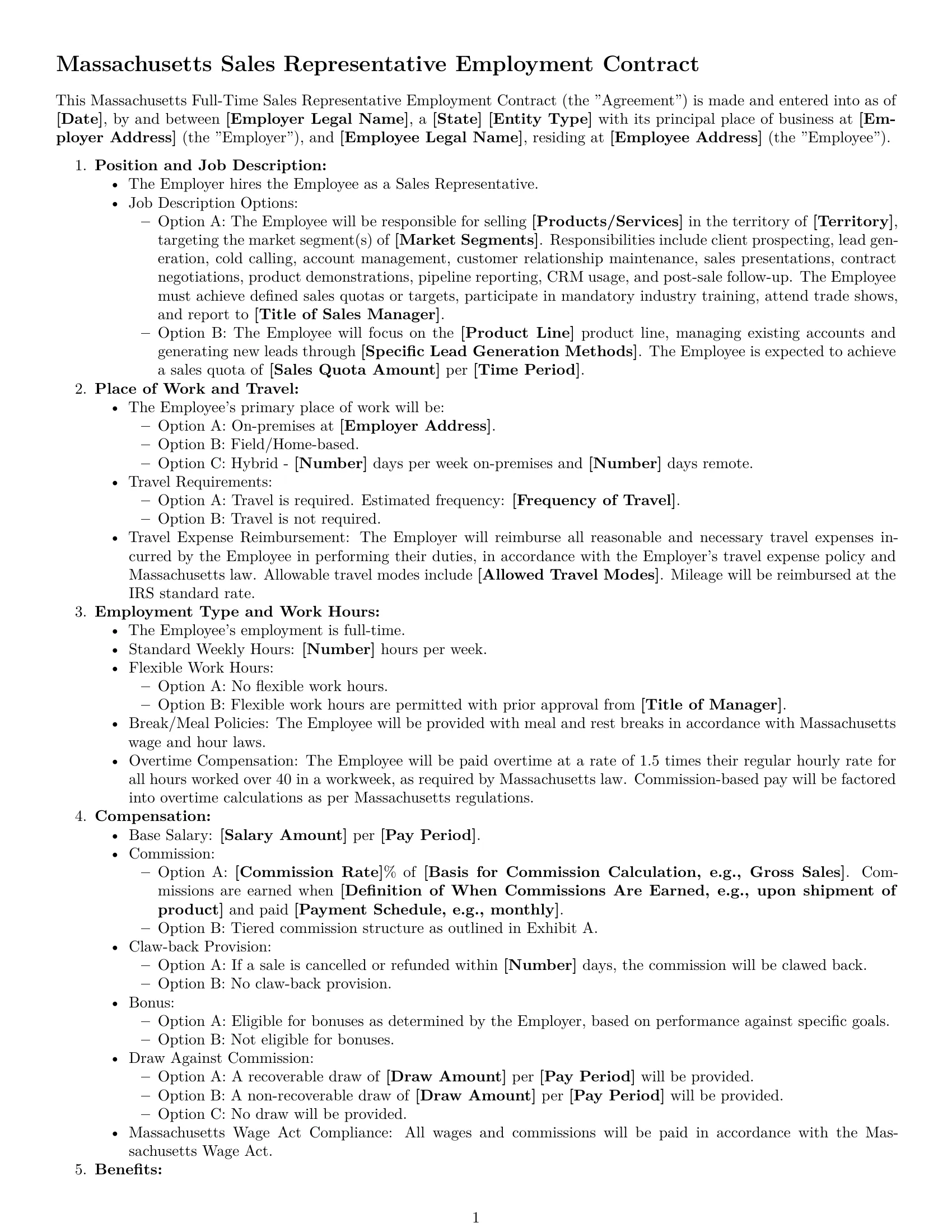 Preview page 1 of Free Massachusetts sales representative employment contract template