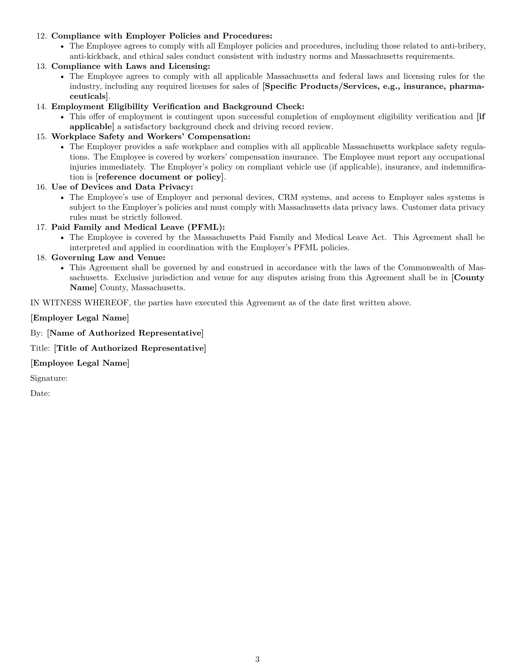 Preview page 3 of Free Massachusetts sales representative employment contract template
