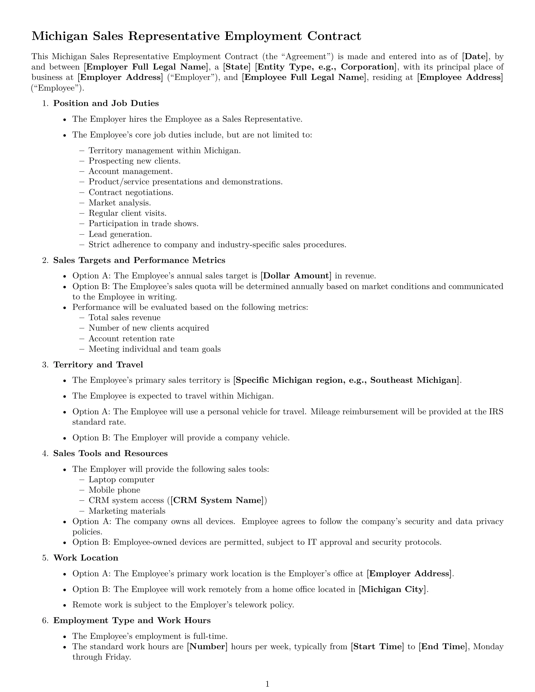 Preview page 1 of Free Michigan sales representative employment contract template