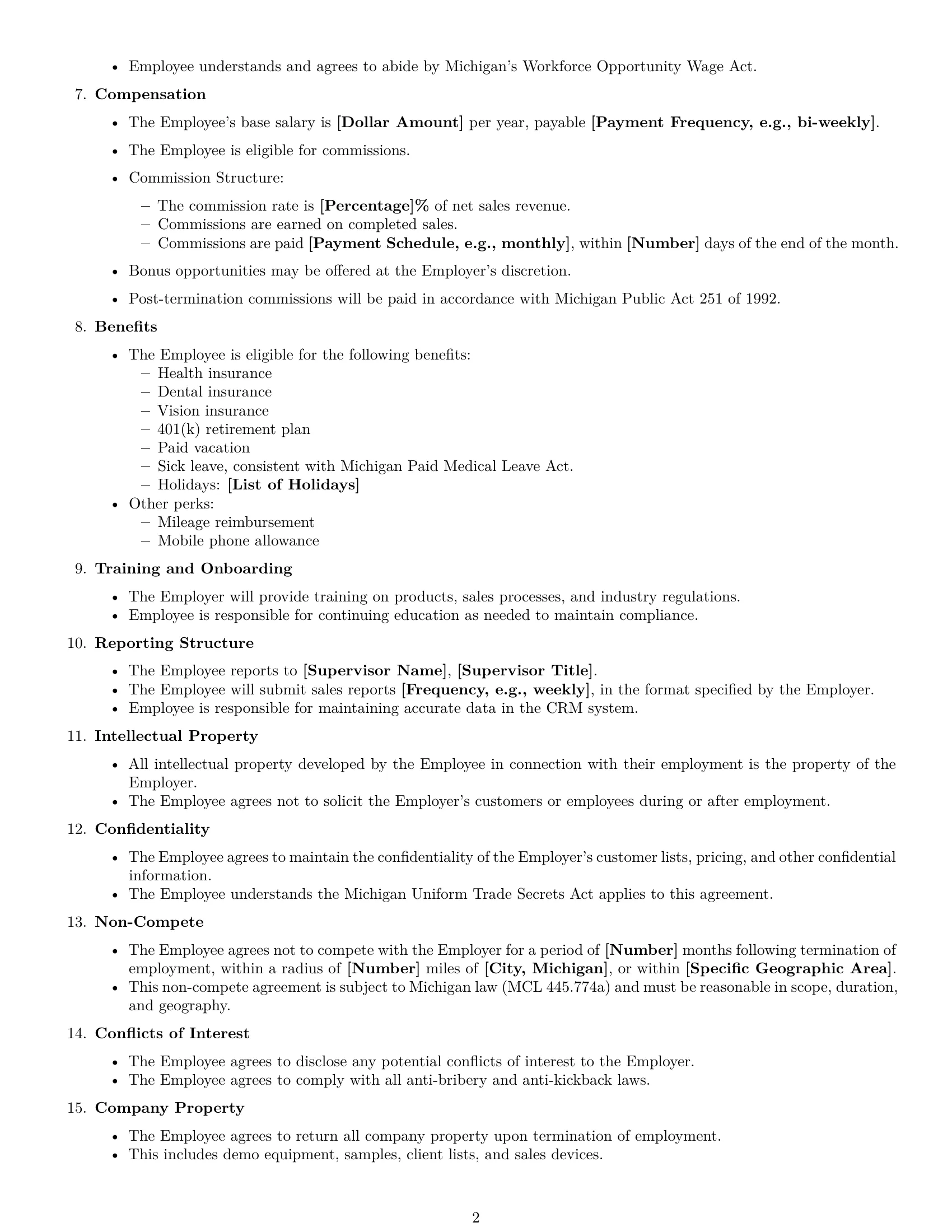 Preview page 2 of Free Michigan sales representative employment contract template