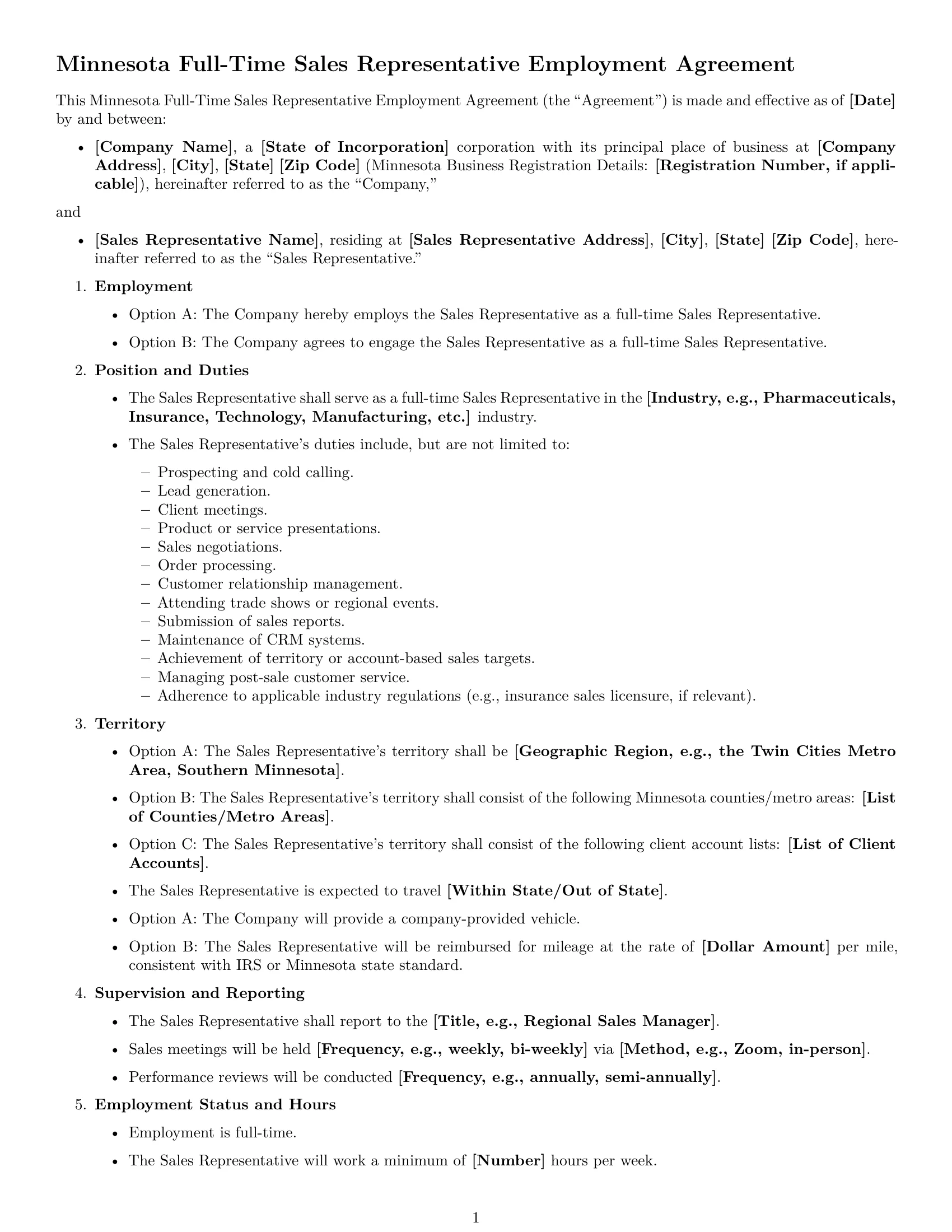 Preview page 1 of Free Minnesota sales representative employment contract template