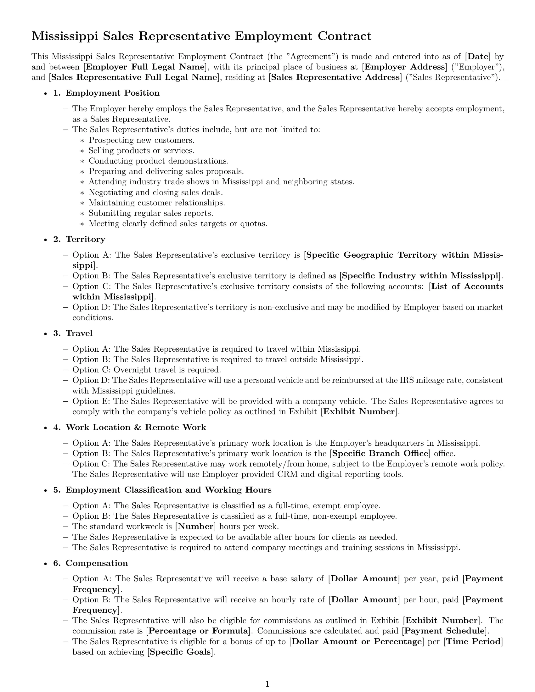 Preview page 1 of Free Mississippi sales representative employment contract template
