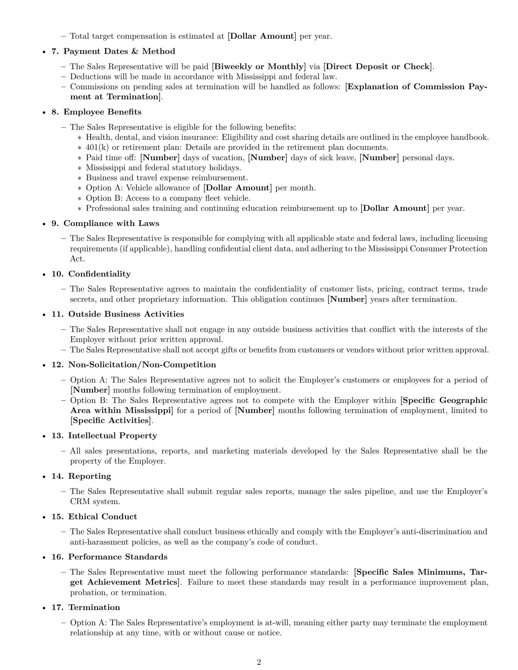Preview page 2 of Free Mississippi sales representative employment contract template