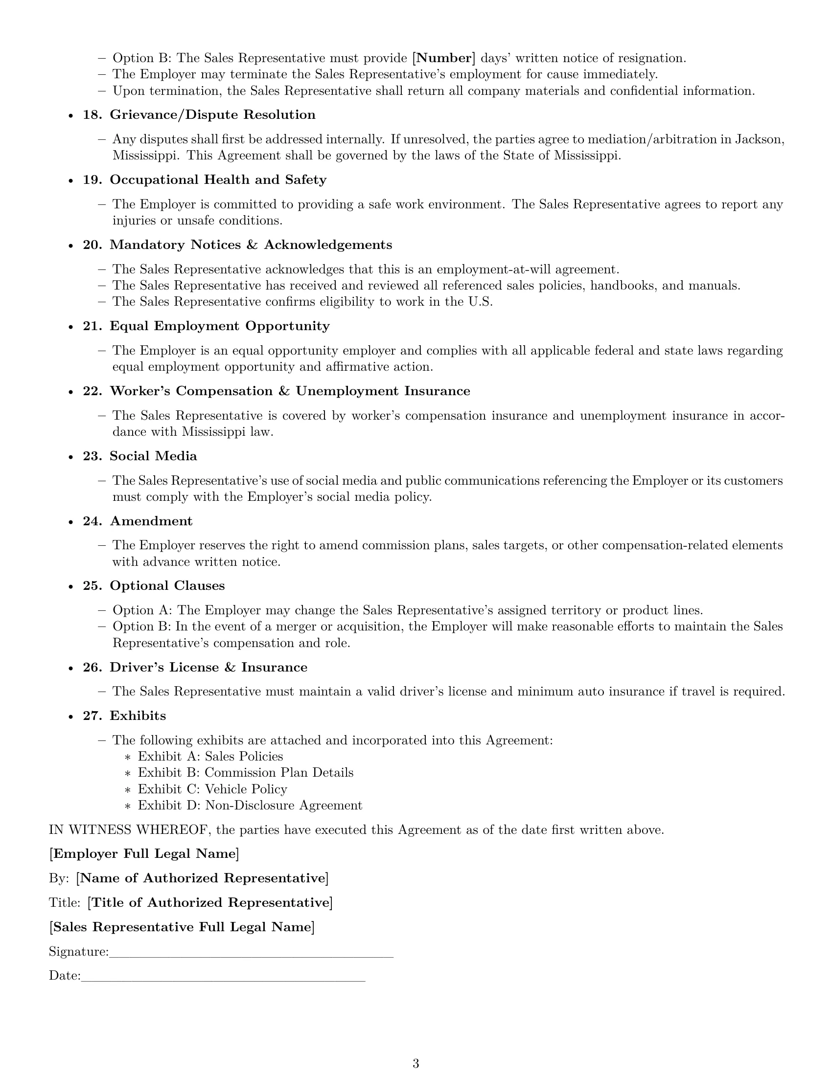Preview page 3 of Free Mississippi sales representative employment contract template