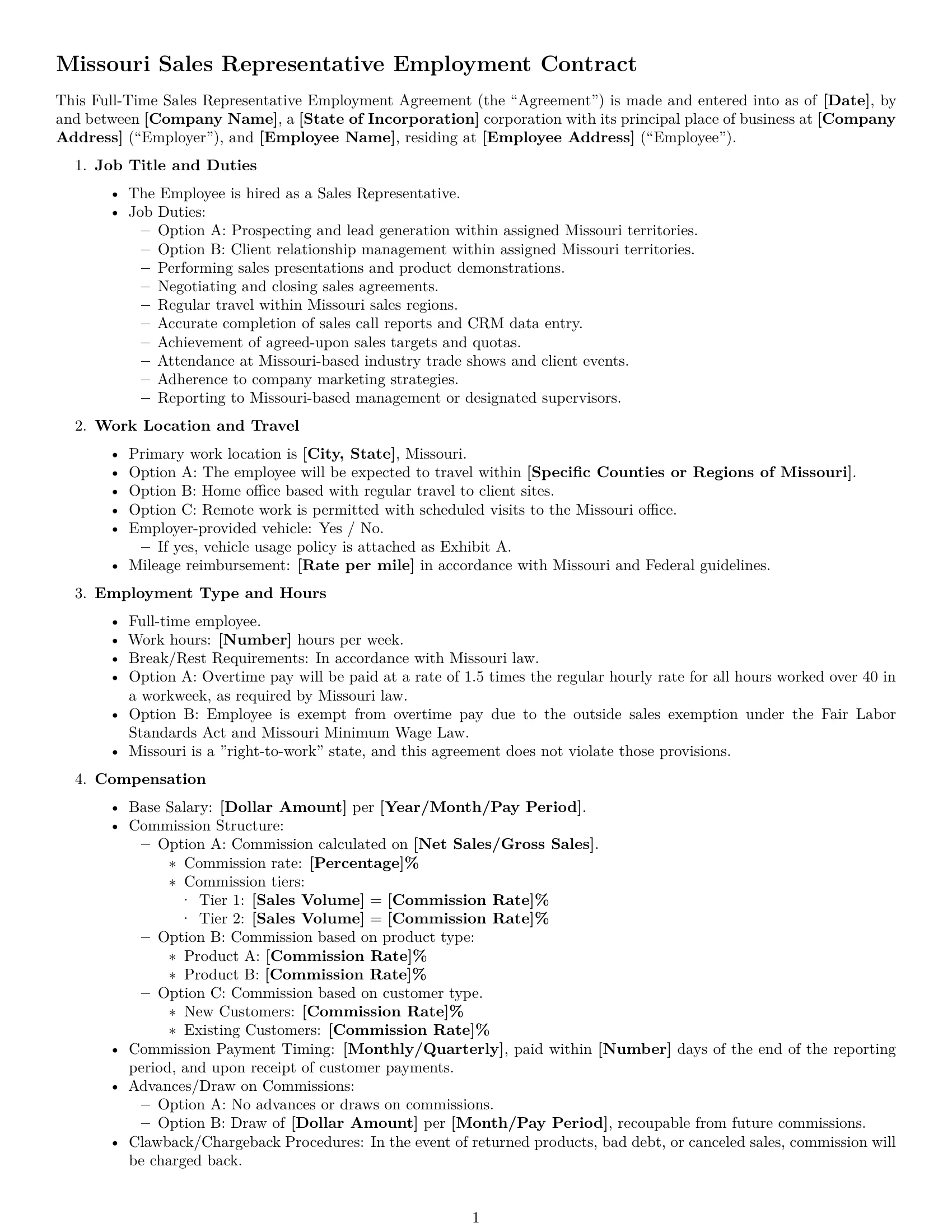 Preview page 1 of Free Missouri sales representative employment contract template