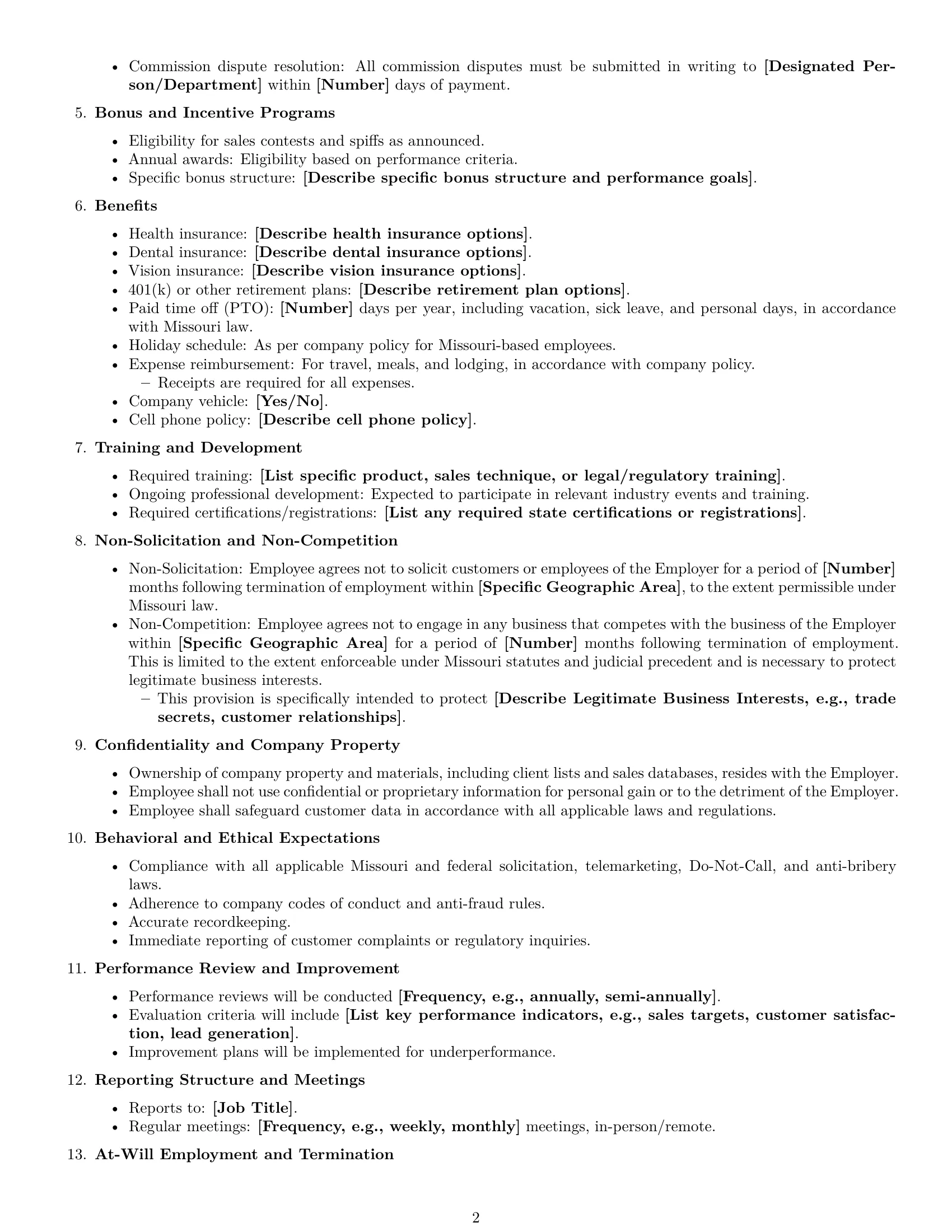 Preview page 2 of Free Missouri sales representative employment contract template