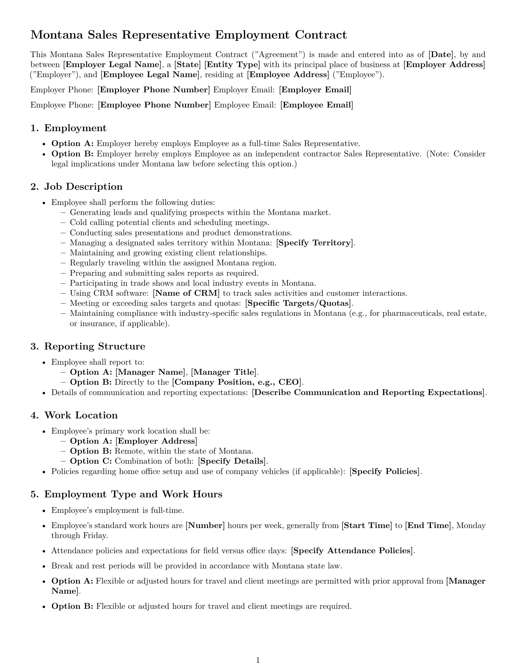 Preview page 1 of Free Montana sales representative employment contract template
