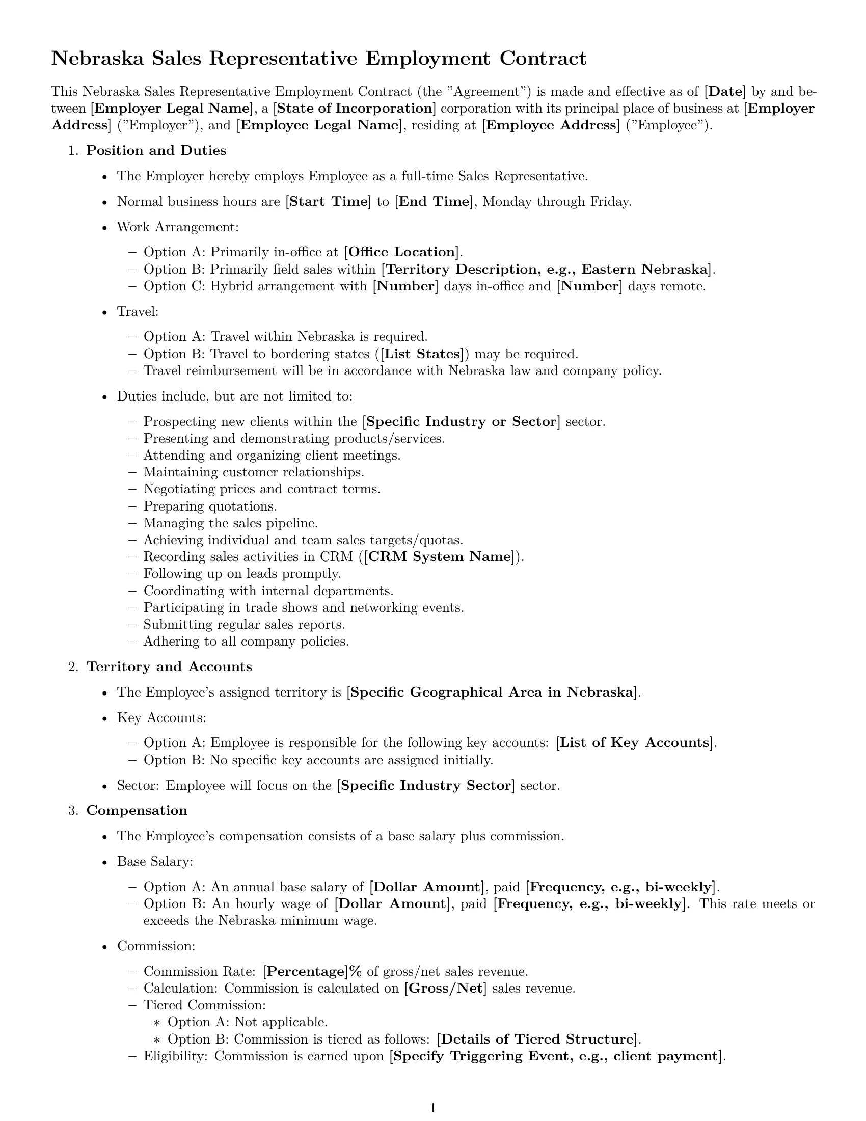Preview page 1 of Free Nebraska sales representative employment contract template