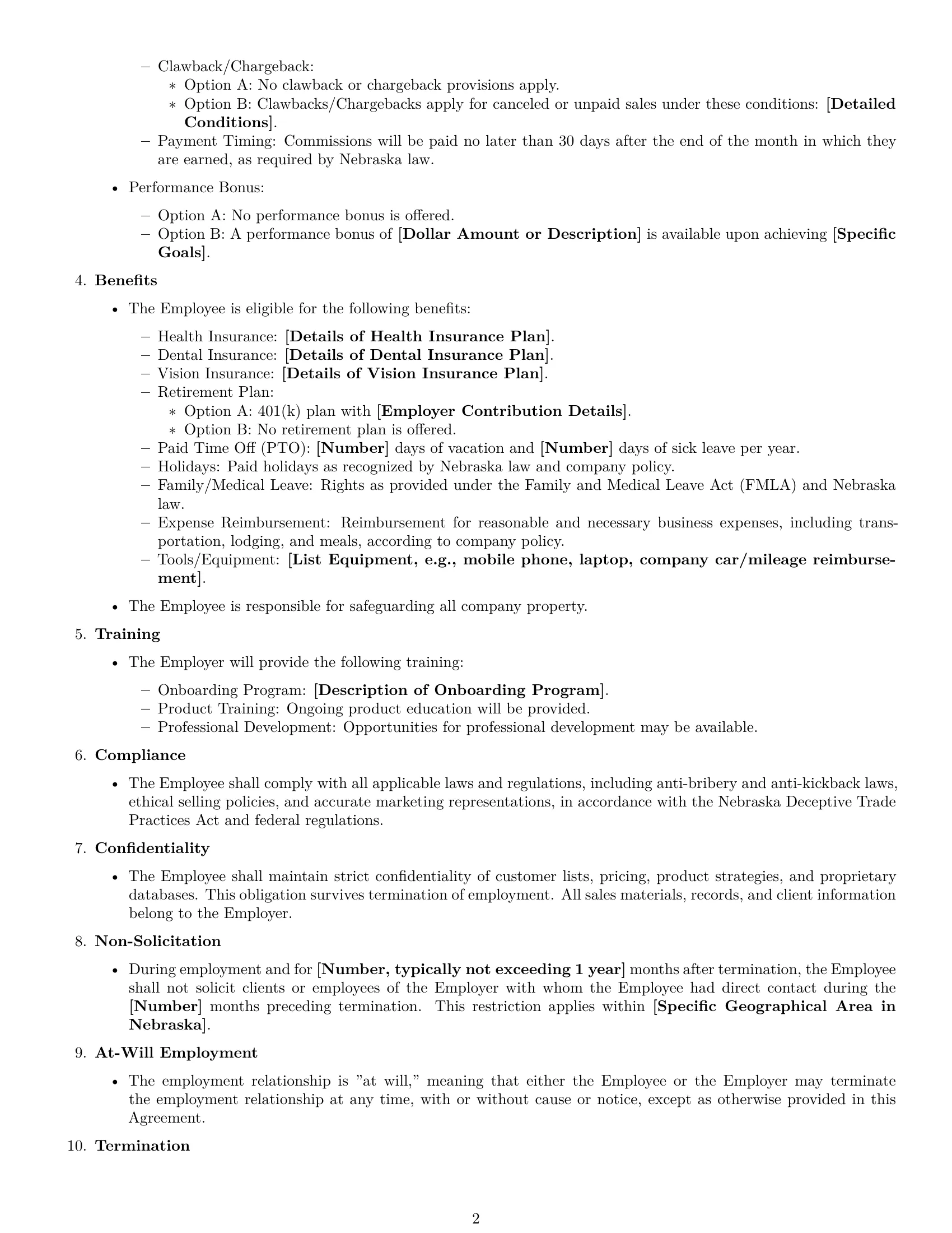 Preview page 2 of Free Nebraska sales representative employment contract template