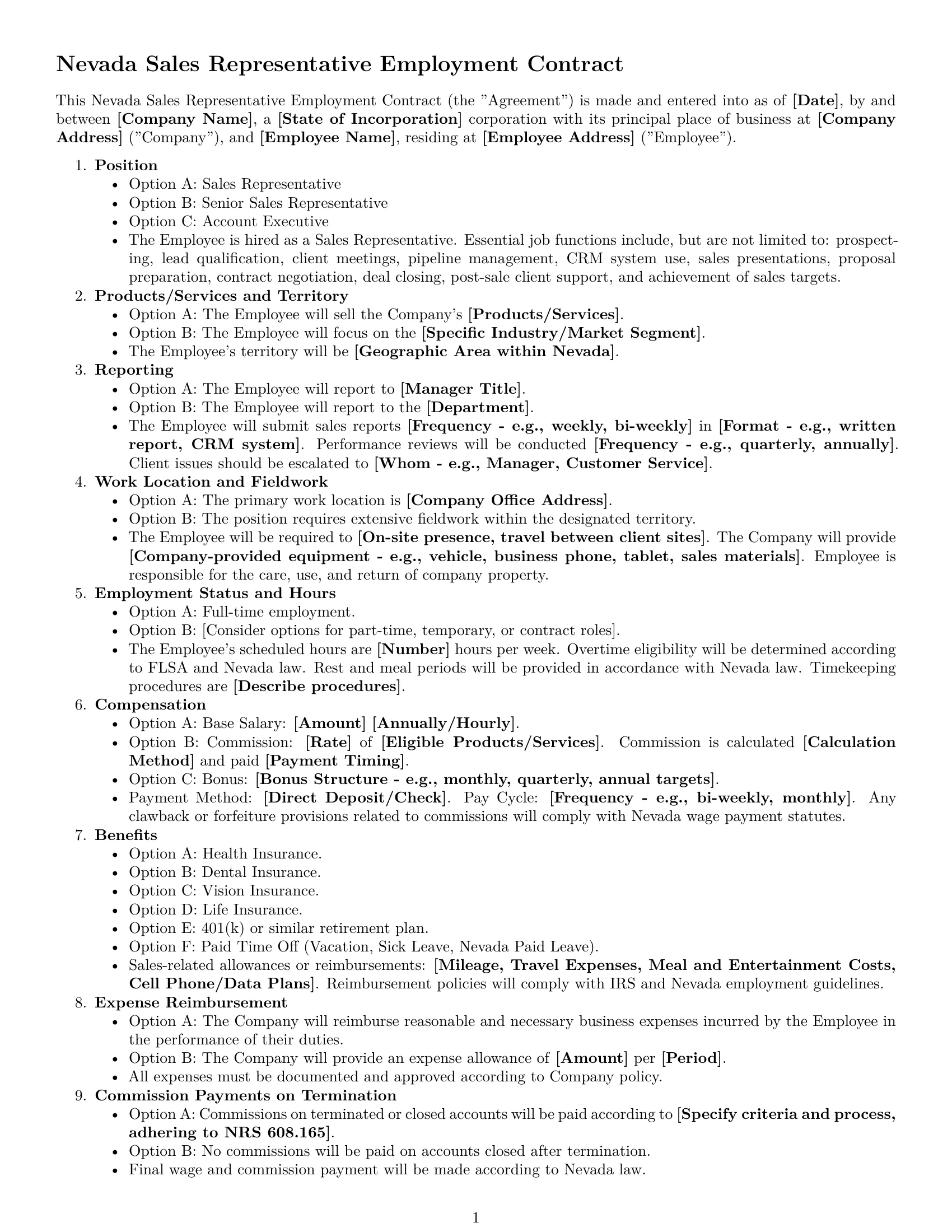 Preview page 1 of Free Nevada sales representative employment contract template