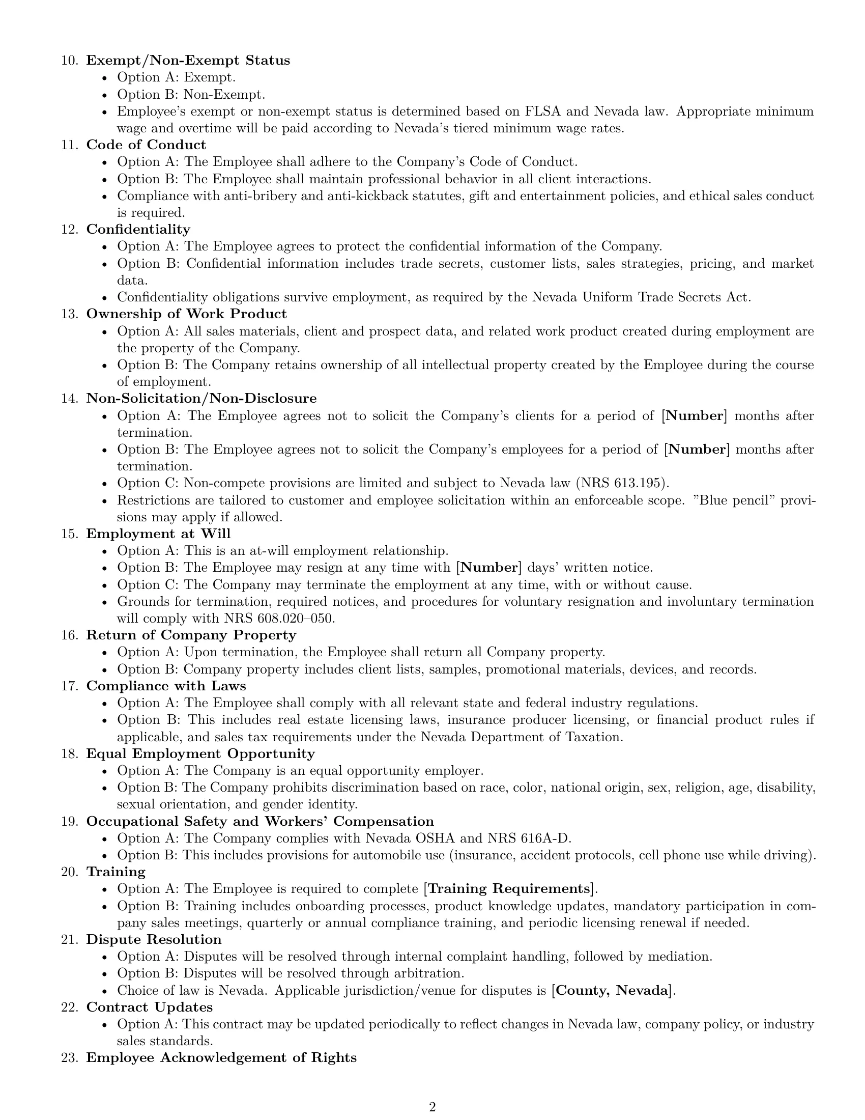 Preview page 2 of Free Nevada sales representative employment contract template