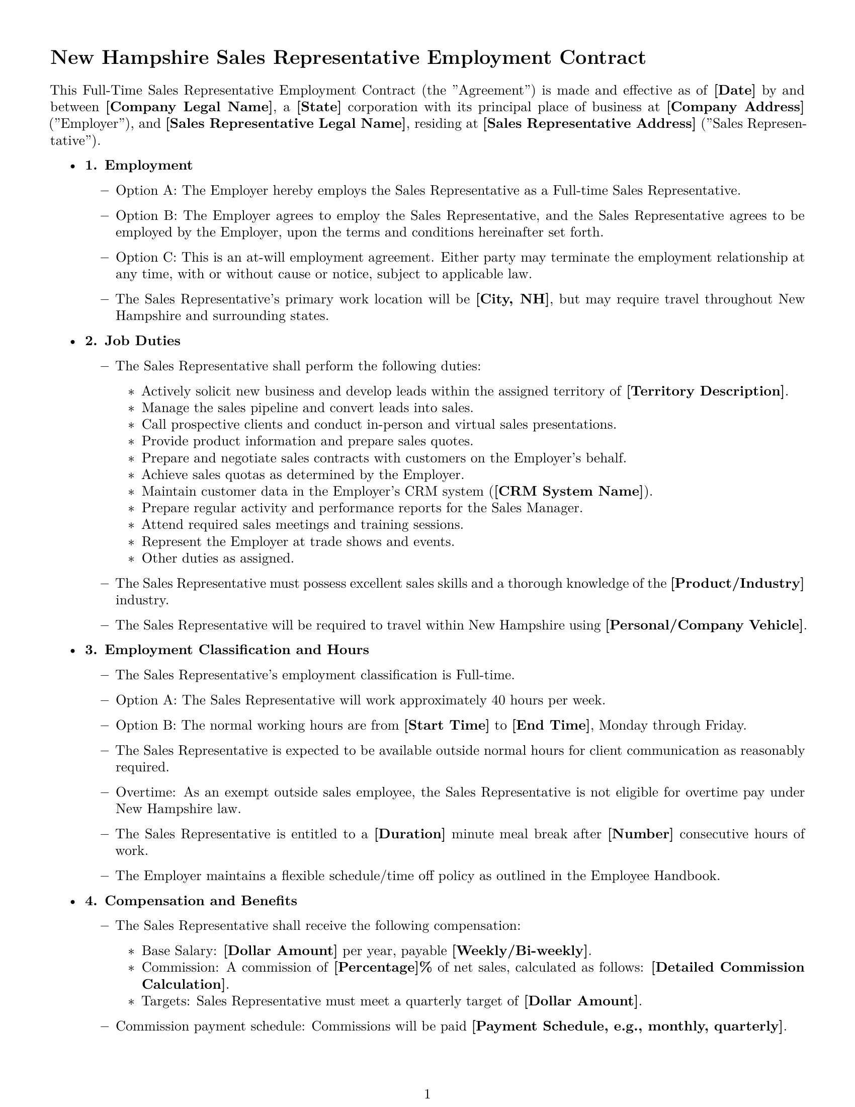 Preview page 1 of Free New Hampshire sales representative employment contract template