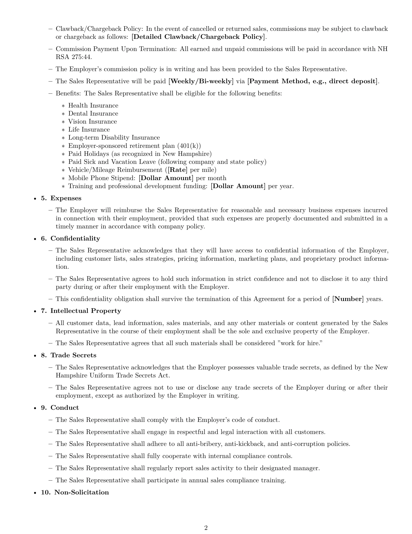 Preview page 2 of Free New Hampshire sales representative employment contract template
