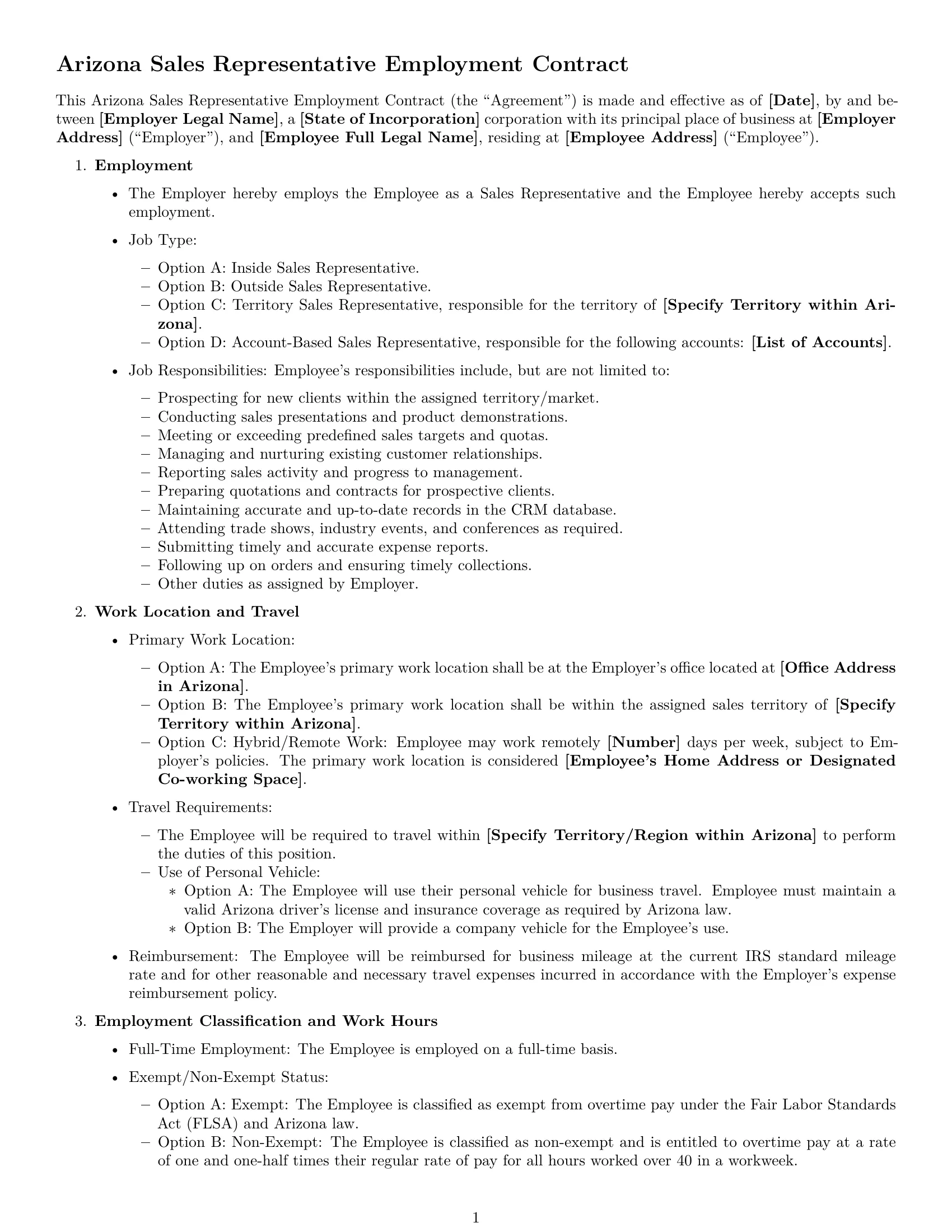 Preview page 1 of Free Arizona sales representative employment contract template