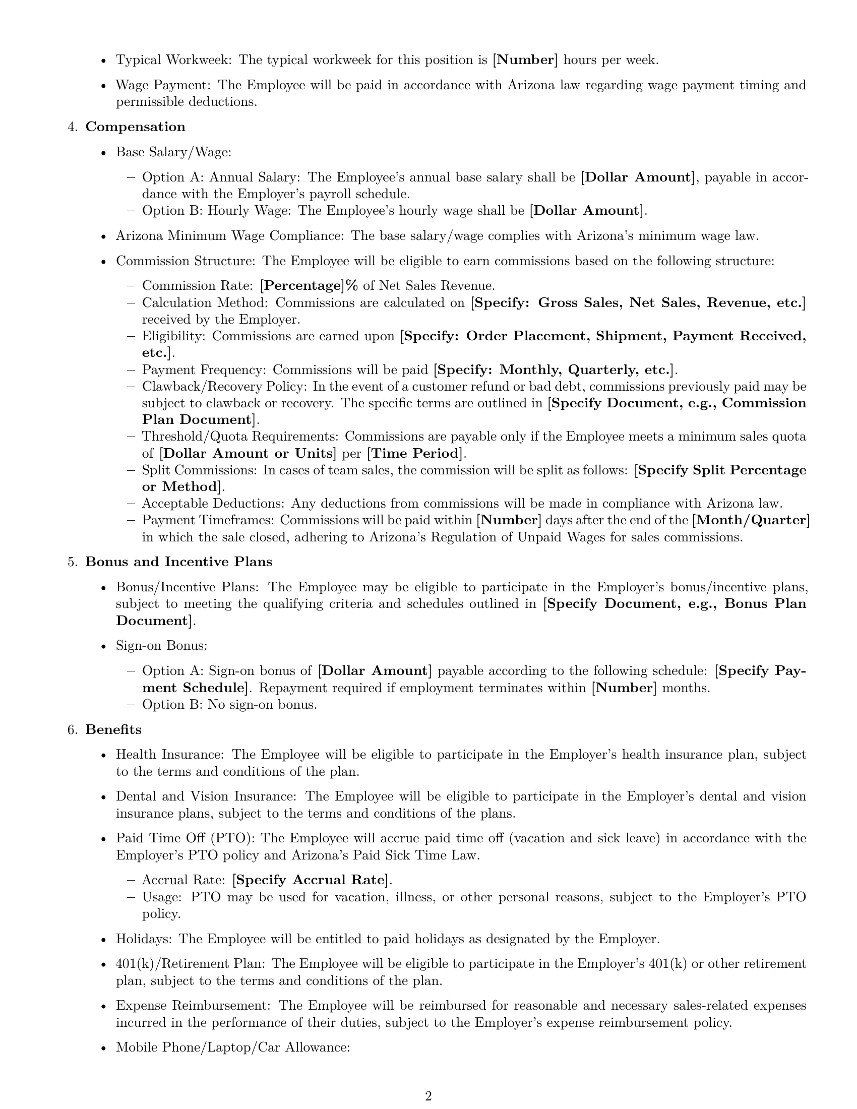 Preview page 2 of Free Arizona sales representative employment contract template