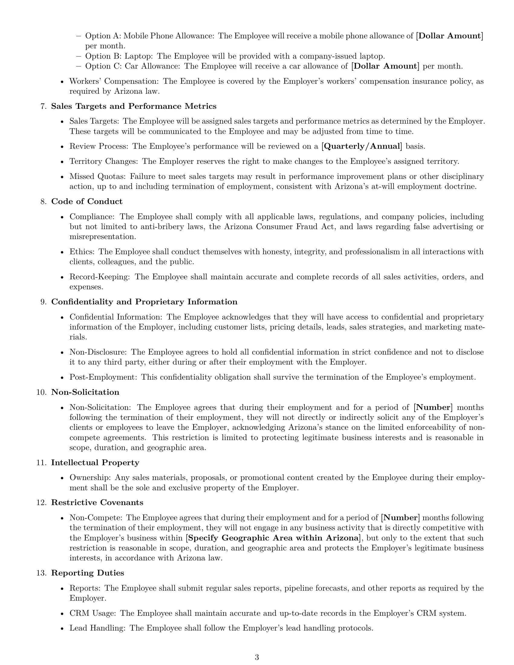 Preview page 3 of Free Arizona sales representative employment contract template