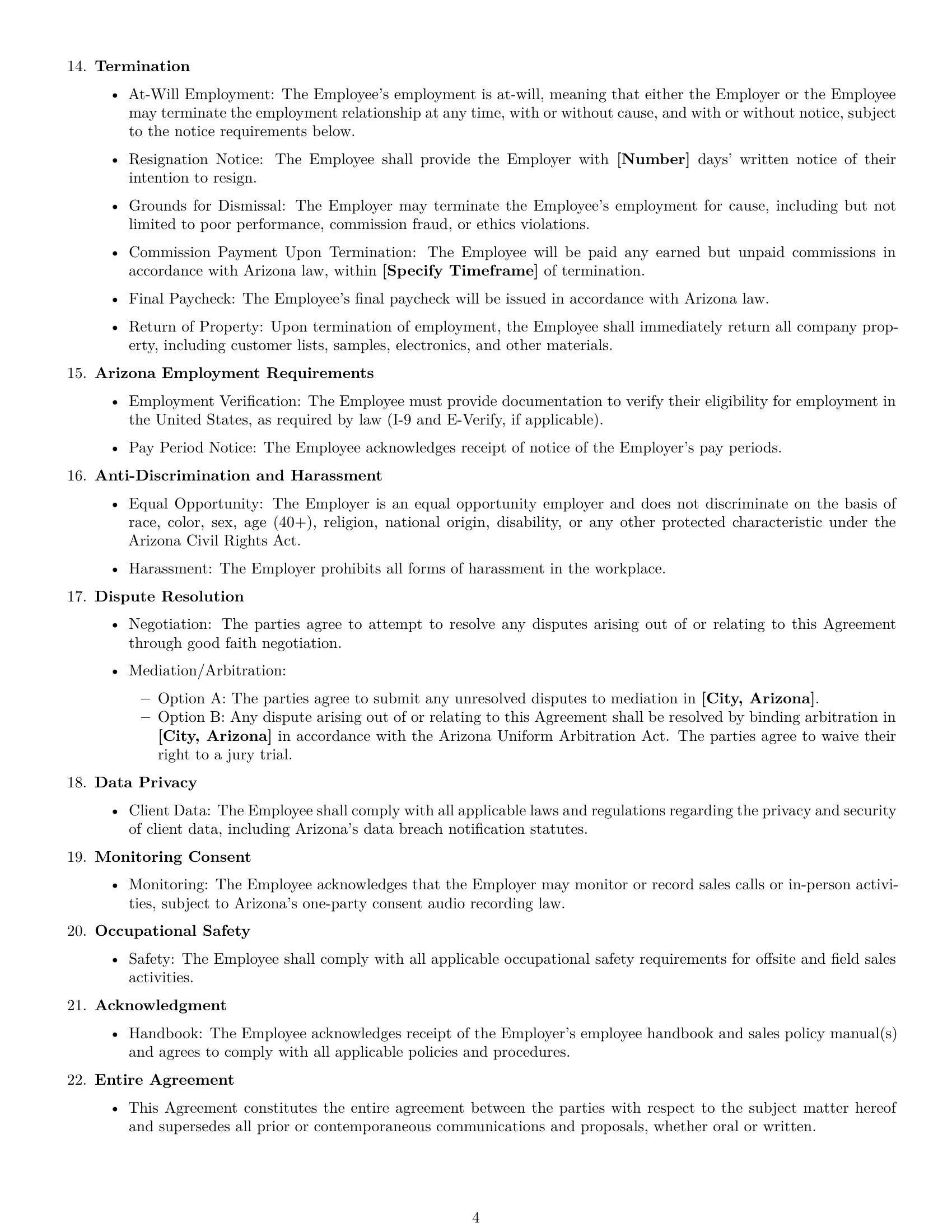 Preview page 4 of Free Arizona sales representative employment contract template