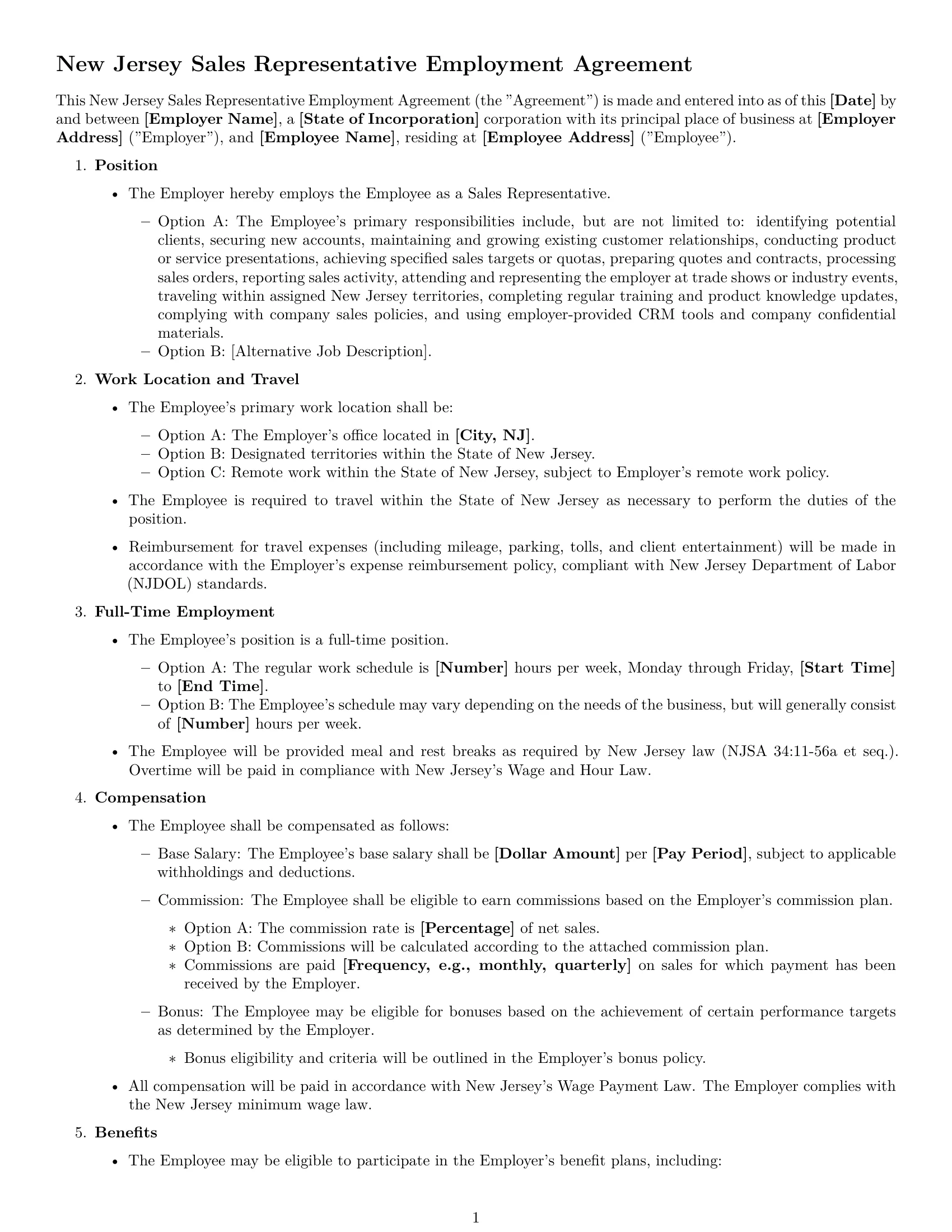 Preview page 1 of Free New Jersey sales representative employment contract template